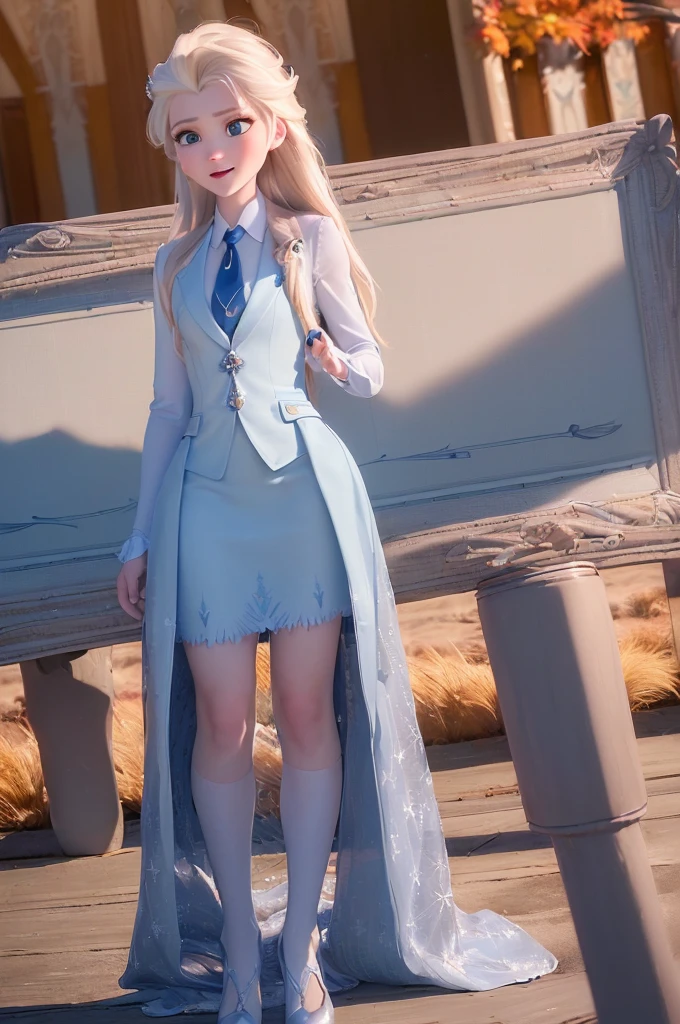 (masterpiece:1.4), (Best quality:1.4), (high resolution:1.4), Elsa of Arendelle, Long hair, (((Skirt suit))), (((3-piece-suit))), (((tie))), (((Dress Shirts))), (((suit))), (((suit))), (((Vest))), double-ed Vest, (((Tight mini skirt))), Pencil Skirt, tie夹, Pocket Watch, Pocket Square, Cufflinks,outdoor, (ocean, support, Fall, autumn:1.3), Smile,