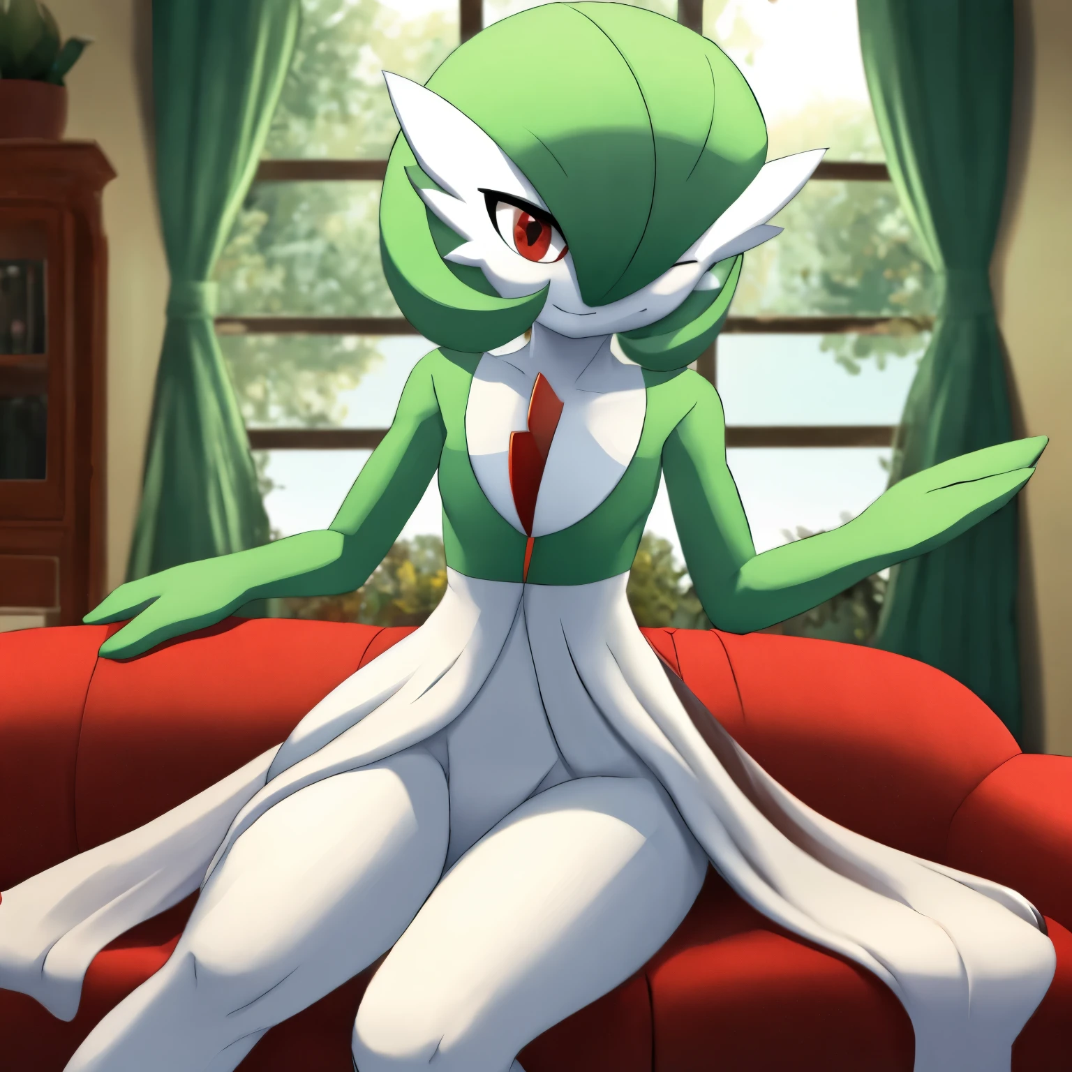 best quality, Gardevoir, pokemon, 1girl, solo, short height, red eyes, green hair, small smile, small mouth, wink, slim, cute, slender body, skinny legs, looking at viewer, blurry background, indoors, in house, full body, slim, ((masterpiece)), best quality, 4k, cinematic lighting, ray tracing, reflected light, panorama, flat chest, high detailed illustration, high detailed background, hi-res, white gardevoir dress, green top, bare legs, bare feet, small feet, sitting on couch, legs together