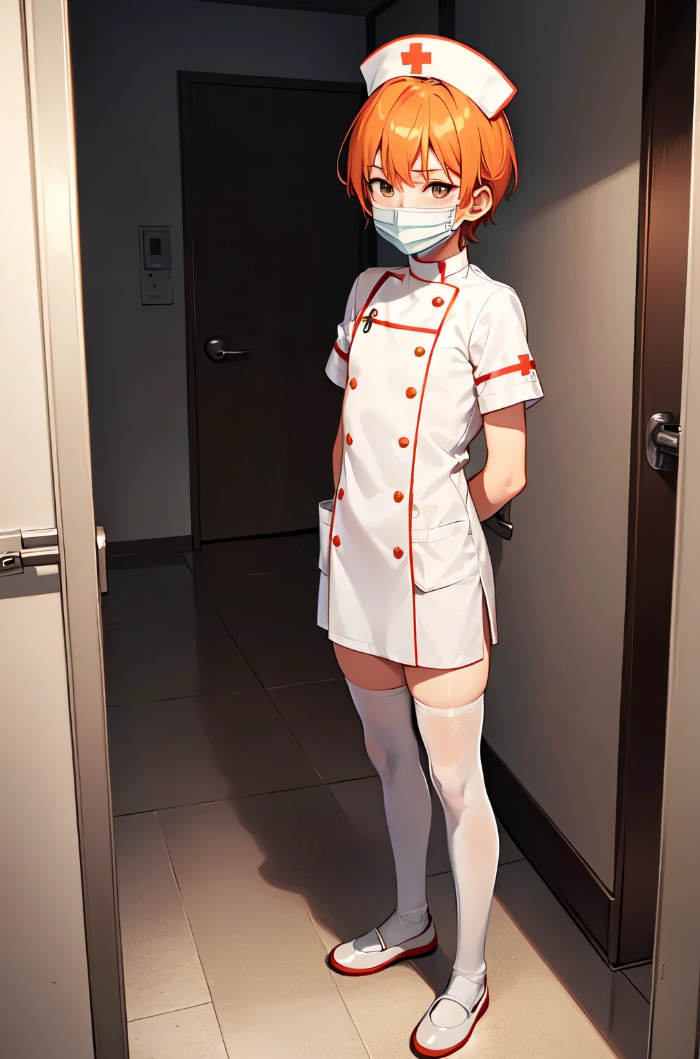 1boy, solo, male focus, nurse, white nurse cap, white nurse uniform, ((white legwear, zettai ryouiki)), white gloves, short hair, orange hair, ((white surgical mask, covered nose)), standing, ((hospital room)), sharp outline, short sleeves, shota, 12 years old, best quality, masterpiece