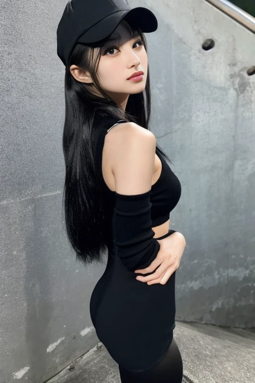 Japanese women、young woman、cute、Beauty、Straight face、Climbing the stairs at the station、Back view、Half Body、Look back here、Looking down here、Long black hair、Wearing a tight fitting black cap、(Black hot pants)、I can see your thighs、Beautiful legs、Beautiful feet、Tight clothing、Emphasizes chest line、Mid-chest、Sideboob