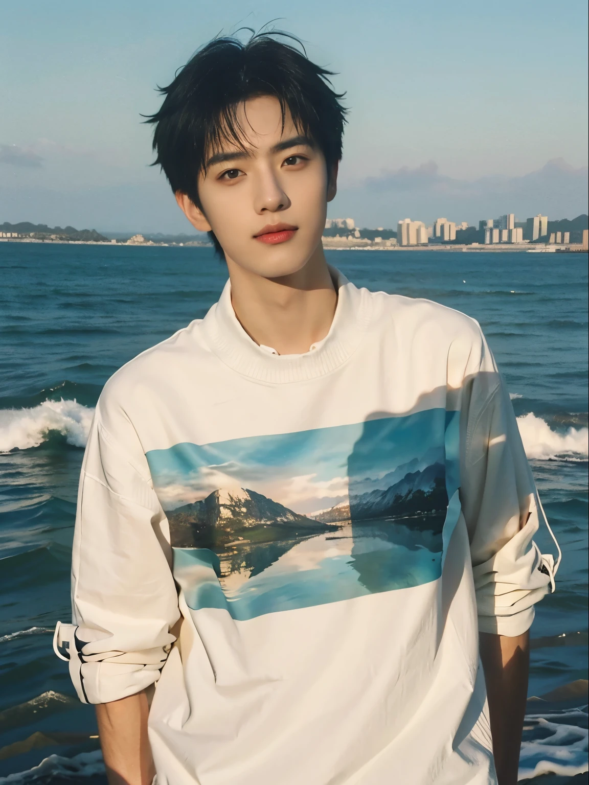 Best quality，masterpiece，Ultra-high resolution，（Realistically：1.4），RAW photos，wallpaper，Head photo，Beach clothing，Simple background，black eyes，detail，Selfie， 1 boy，18 years old，Handsome，The sea breeze blows，seaside