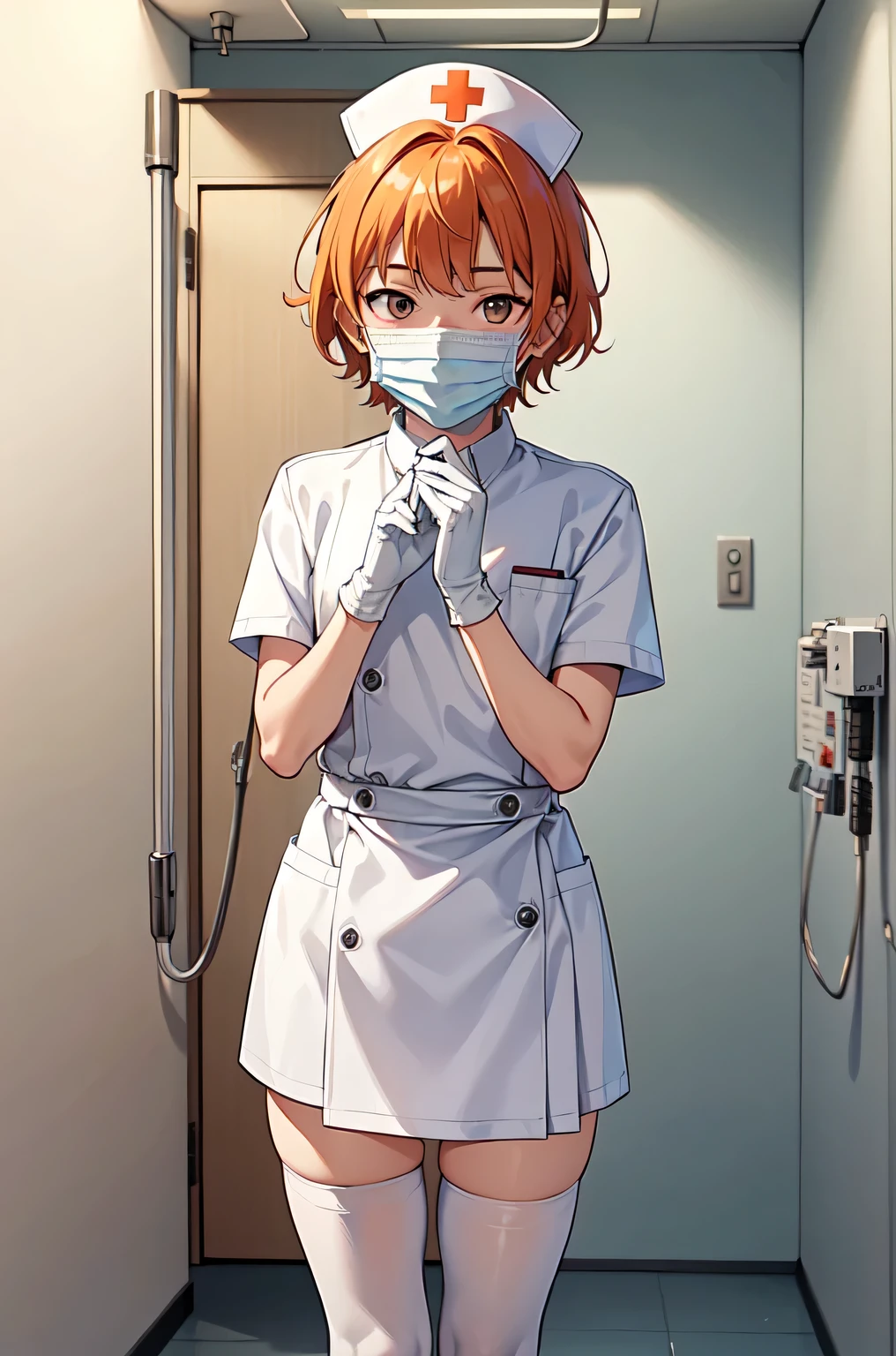 1boy, solo, male focus, nurse, white nurse cap, white nurse uniform, ((white legwear, zettai ryouiki)), white gloves, short hair, orange hair, ((white surgical mask, covered nose)), standing, ((hospital room)), sharp outline, short sleeves, shota, 12 years old, best quality, masterpiece