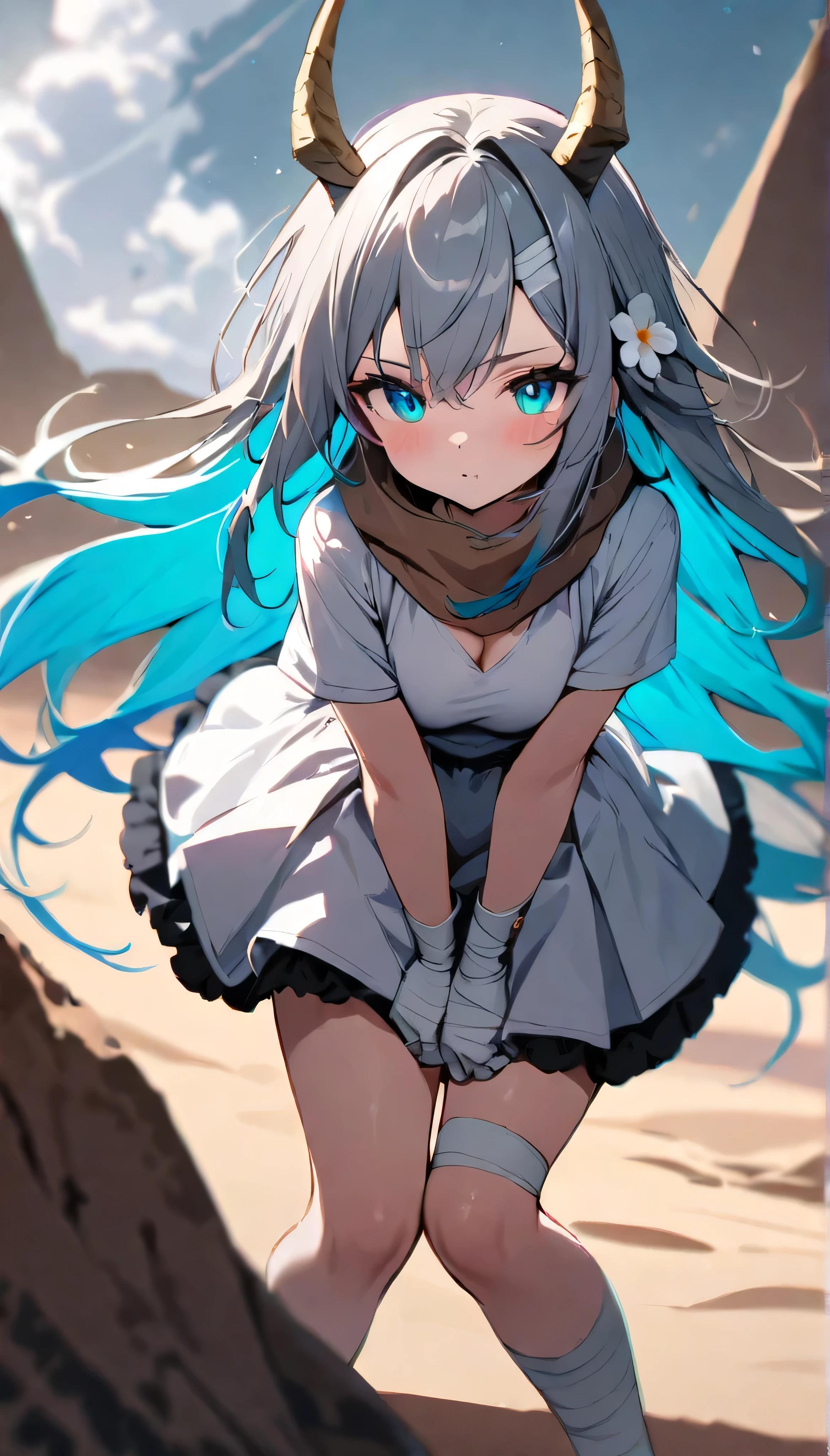 Resolution full, best quality, masterpiece, full HD, beautifull girl, foggy theme, super detailed, 1girl, cute girl, long hair, multicolor hair, grey hair. Aqua inner hair, white flower hair ornament, dragon horns, detailed beautiful cyan eyes, white T - shirt. Short black skirt, brown scarf, solo, bandage legs, bandage hands, holding glowing katana. focus at girl. Badass scene. in desert. Columbus cloud, piramid, Depth of field.