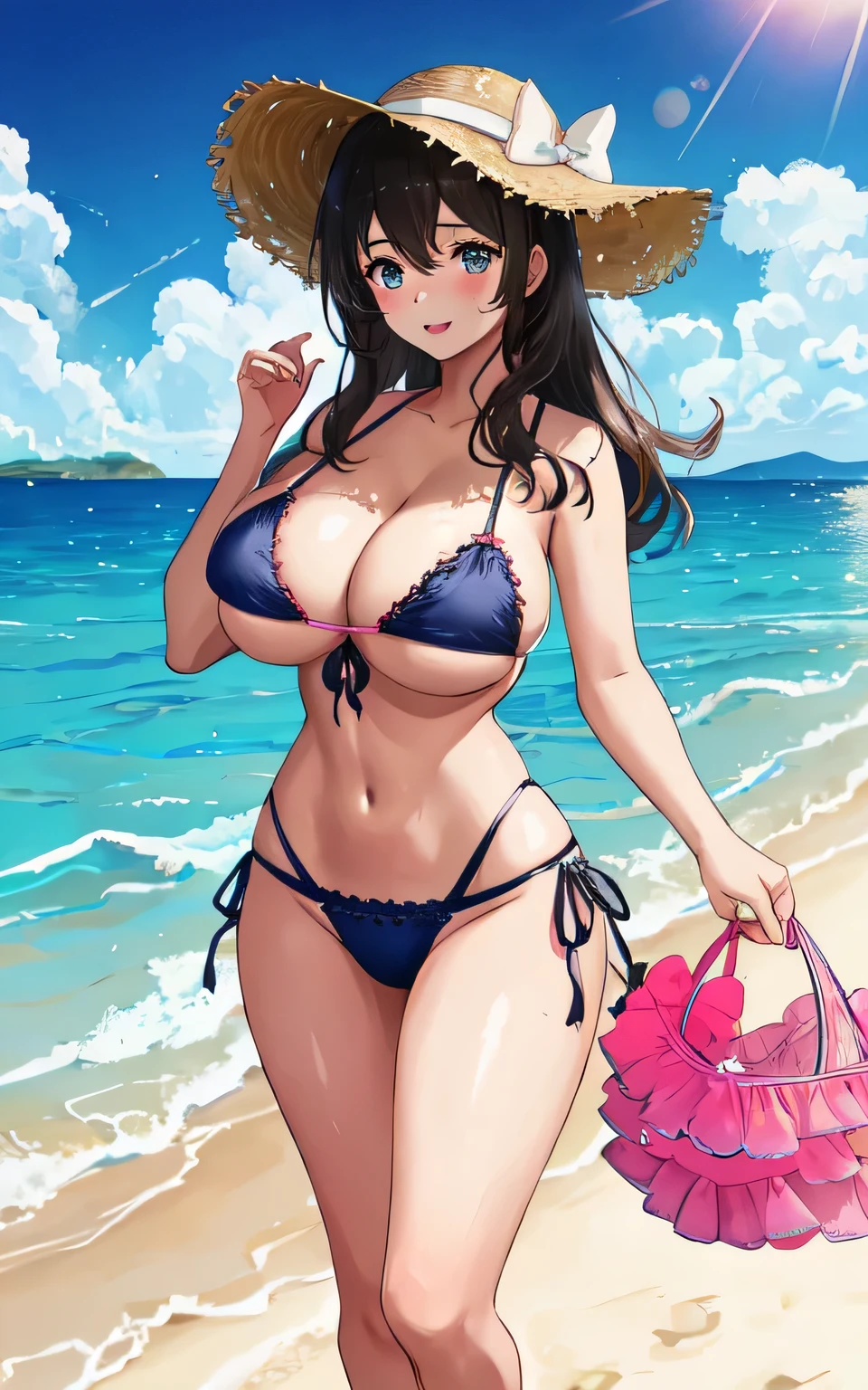 A 6 year old girl with huge breasts, wearing a lacy bikini swimming costume, on the beach, holding a man's penis in her hand, wearing a swim ring