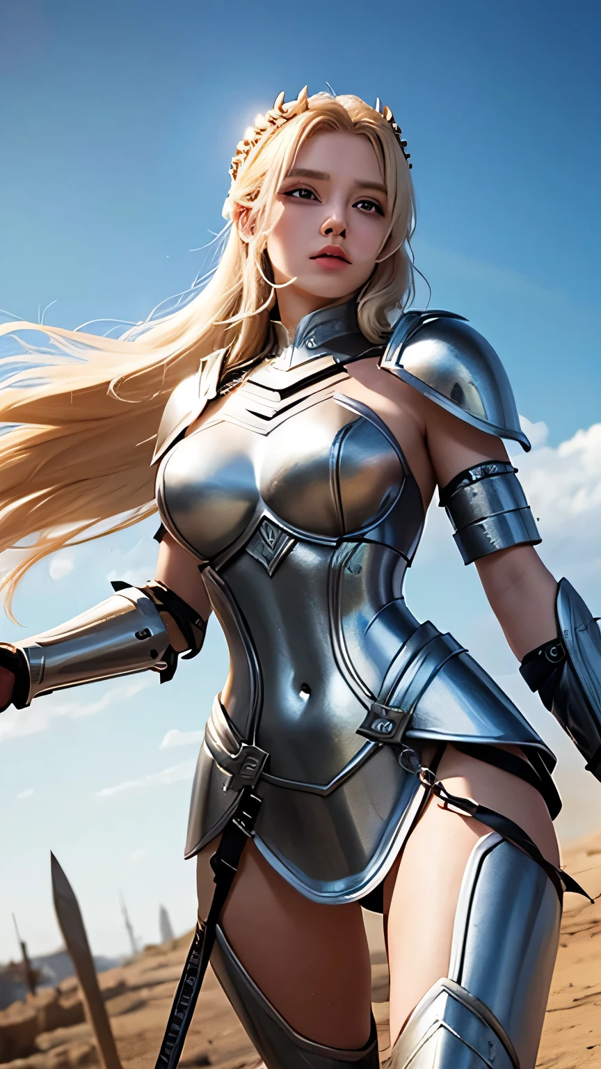 Greek warrior goddess, long blonde hair, powerful, beautiful look, on a battlefield. She wears silver armor.