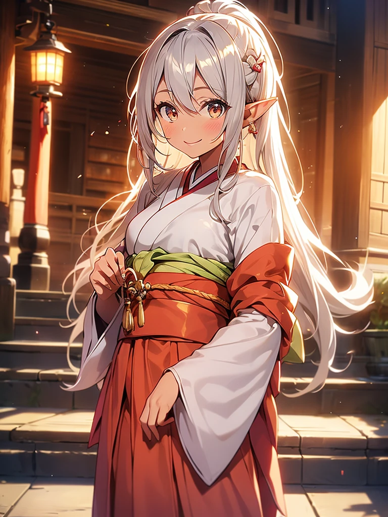 An elf girl, tanned brown skin, beautiful golden eyes, beautiful silver hair, pointed ears, pink lips, upper body description, smiling, red cheeks, Taisho era haori and hakama, old Western-style building. , grand staircase, upper eyes, high image quality