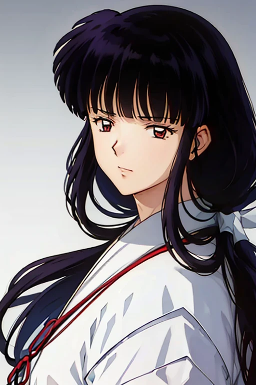 ((beautiful face)), 2d anime, an adult woman, beautiful Japanese woman, black long hair, face shot, simple background, wearing a kimono, tie hair