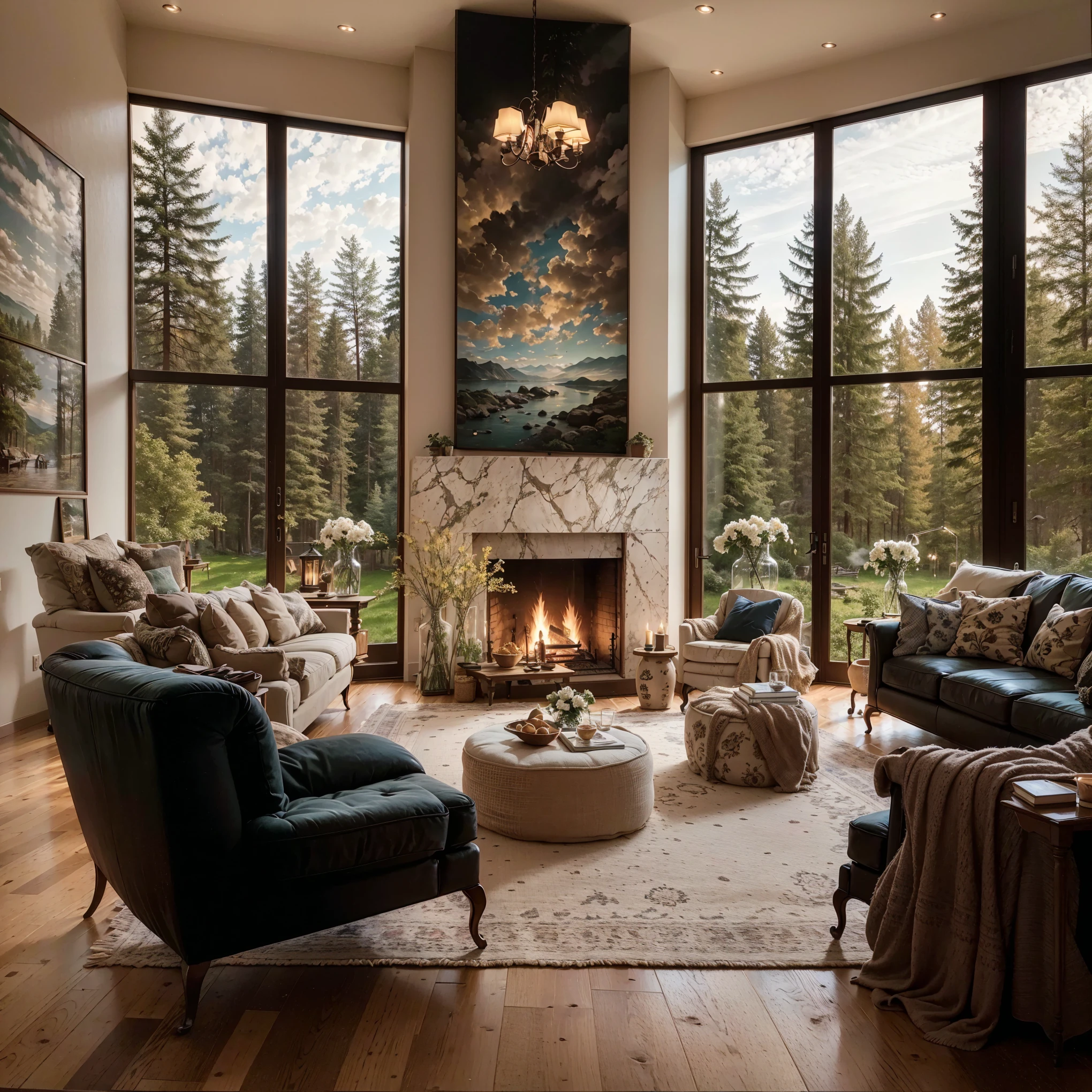 THIS EVENING WOODEN CABIN LIVING ROOM ANIME BACKGROUND, (COZY ATMOSPHERE), (SUBTLE LIGHTING), BRIGHT STONE FIREPLACE FIRE, LIONSKIN RUG THIS EVENING BEST QUALITY, TRANSPARENT GLASS WINDOWS