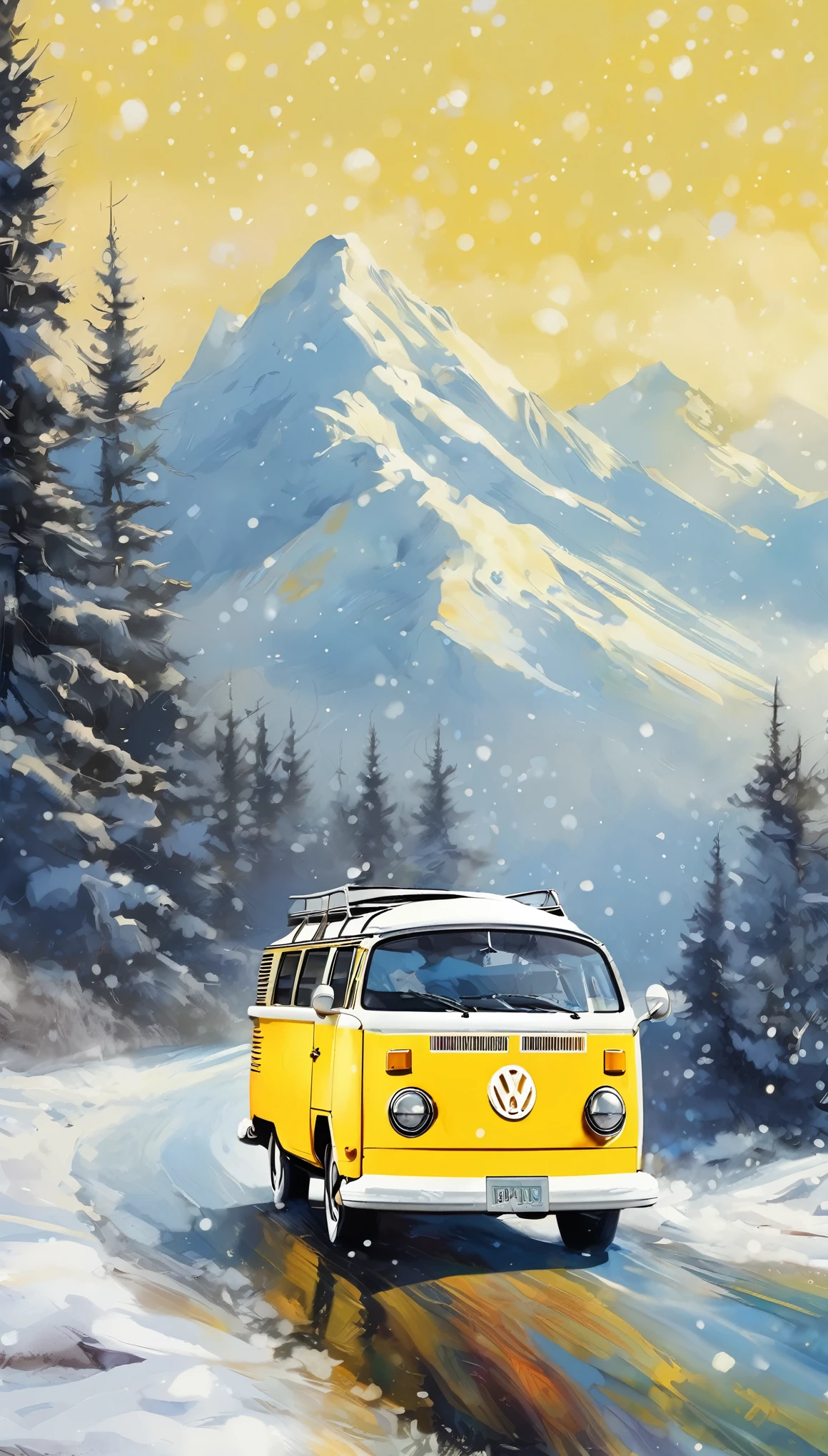 a digital illustration of a yellow Volkswagen on a road, snow, cold, Alaska, beautiful retro art, Volkswagen van, cheio de cores e detalhes ricos, Alaska, neve, montanhas, frio, estilo ross tran, Direction: Painter Müller, Cores e detalhes ricos, pintura de arte pop, estilo de pintura super realista, oil painting H 768, bela pintura, in retro colors, pintura beatufil, arte vetorial