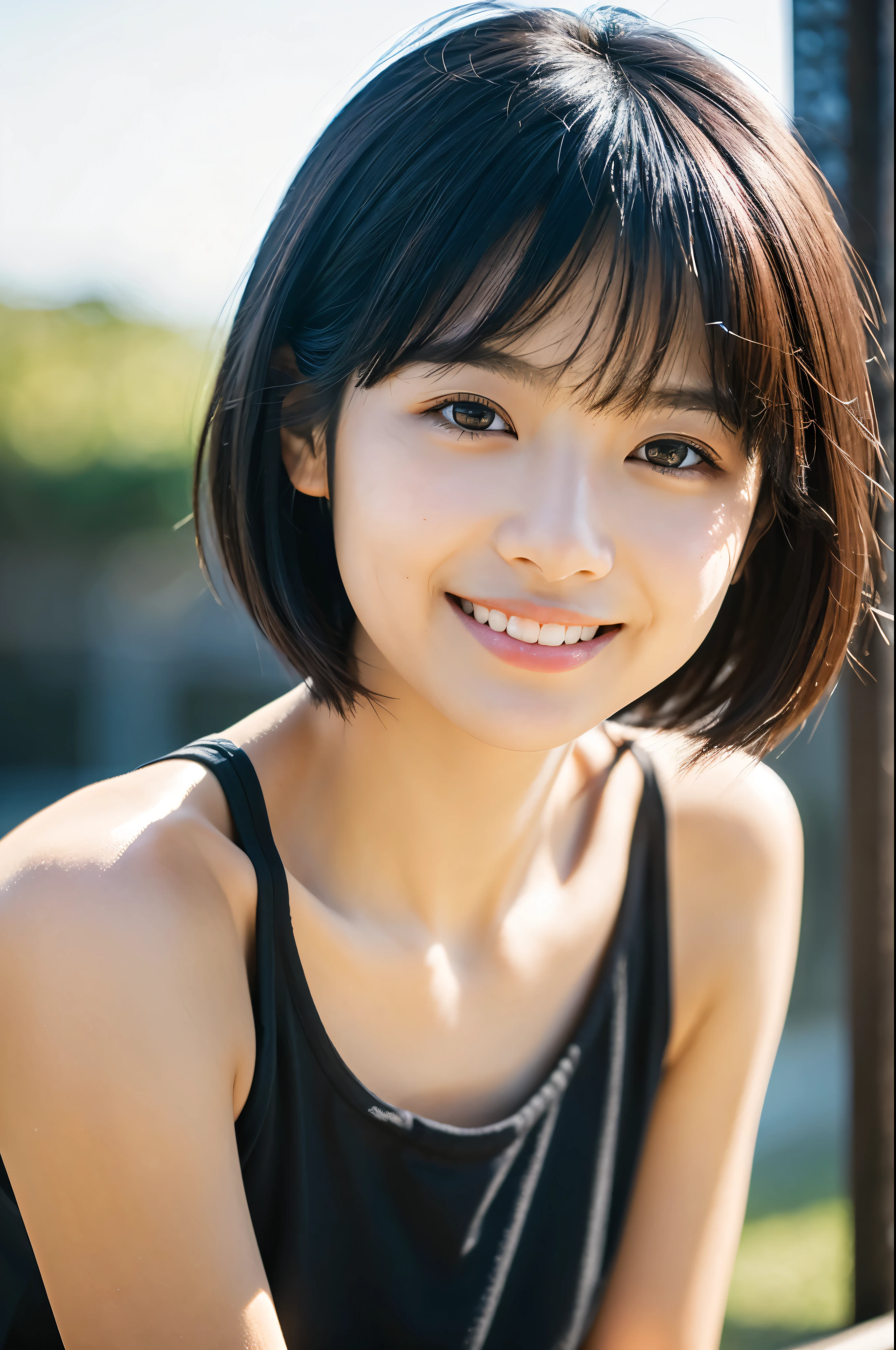 Portraiture, 8k, high quality, Realistic Photographic Images, 17 years old, Japanese women, Neat, small, Natural and realistic eyes, Beautiful black hair, short hair, light makeup, Octane Rendering, Beautiful lighting, Golden ratio composition, smile, Casual wear, Casual clothing, Natural background, Blurred Background