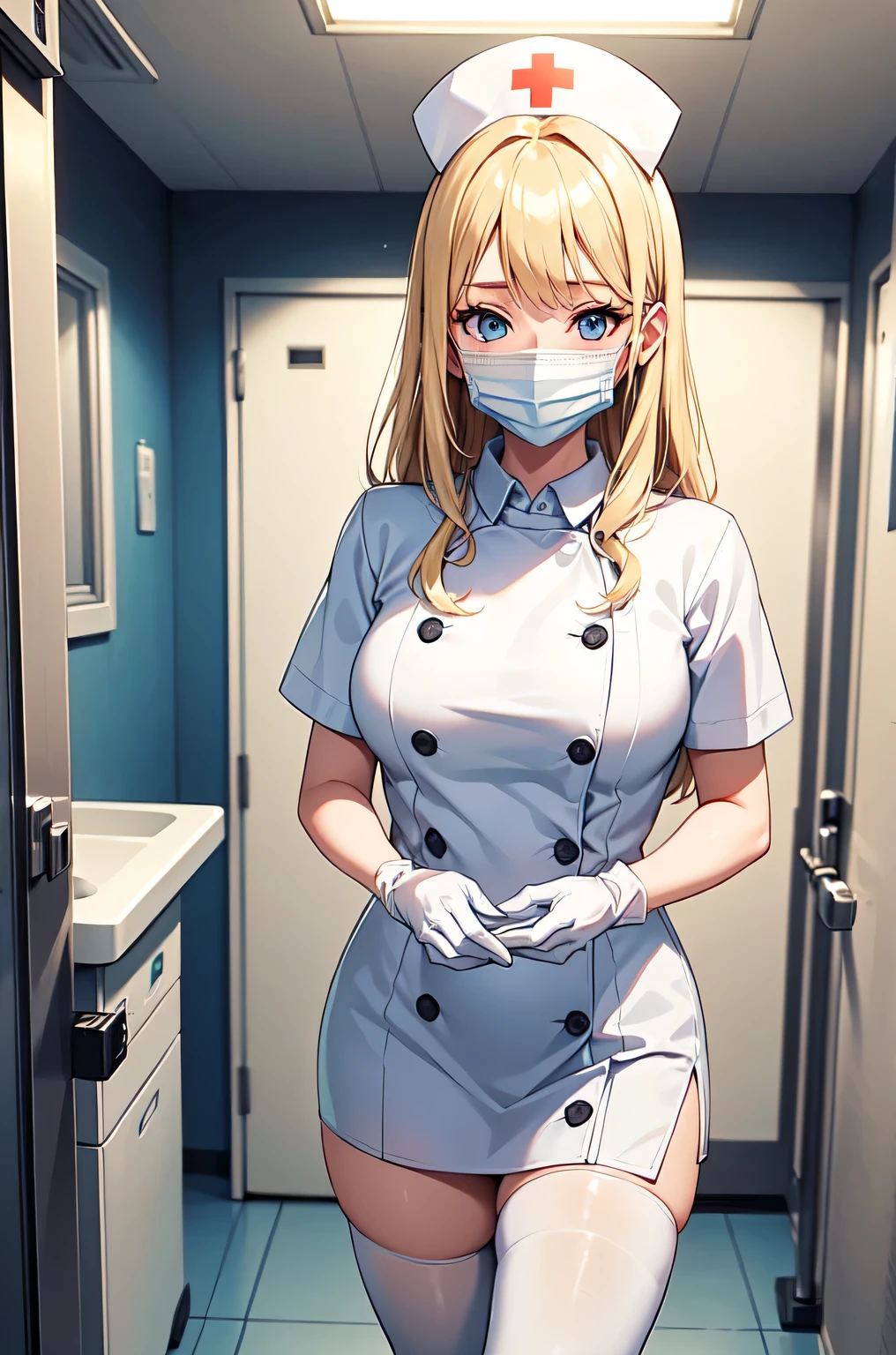 1woman, solo, nurse, white nurse cap, white nurse uniform, ((white legwear, zettai ryouiki)), white gloves, blonde hair, blue eyes, ((white surgical mask, covered nose)), standing, ((hospital room)), sharp outline, short sleeves, mature female, 35 years old, best quality, masterpiece