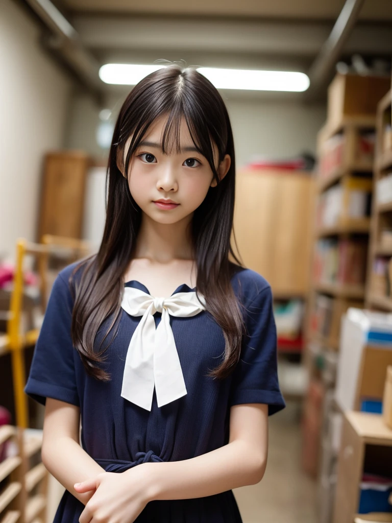 Elementary school girl in sleeveless top raising both hands