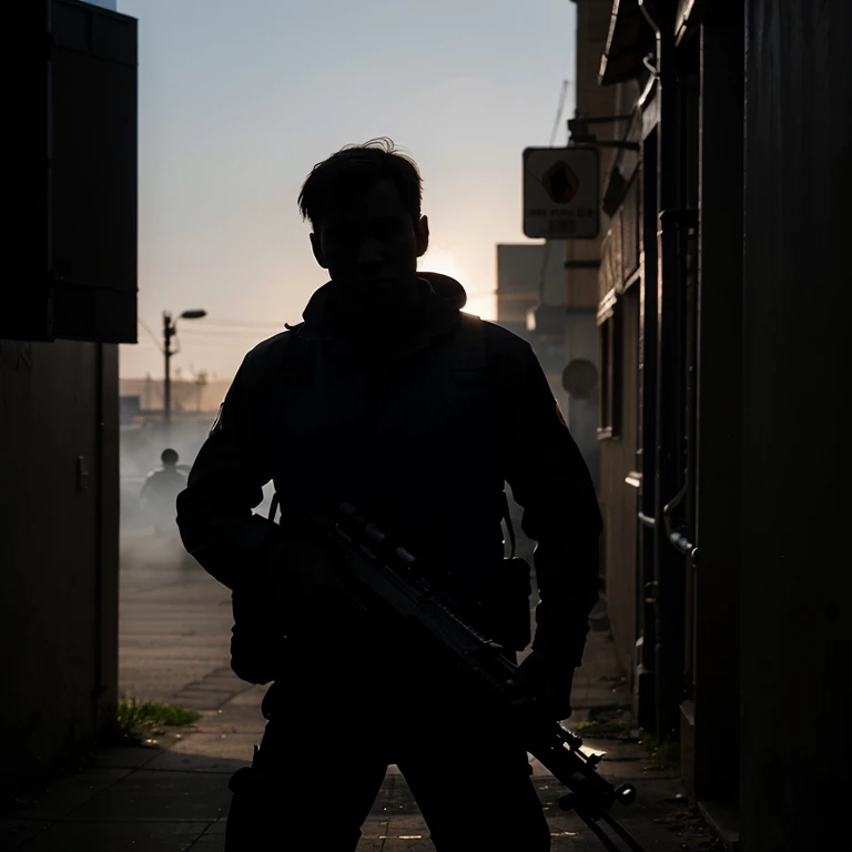 A dark silhouette of a man with a sniper rifle