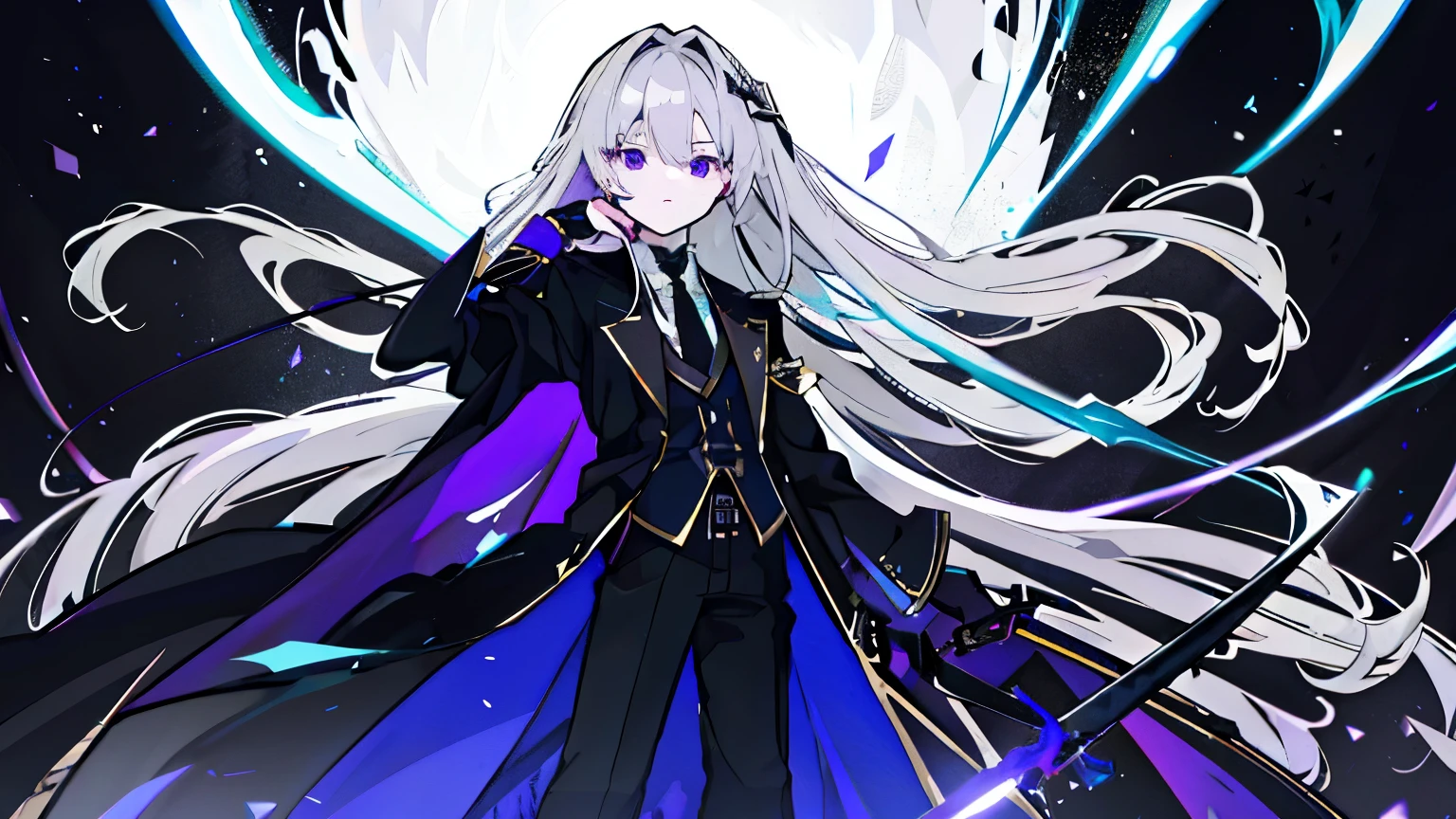 Wearing Darkness,1 Girl,Gray Hair,Long Hair,Purple left eye,blue right eye,With a dark sword,Countless Swords,Dark Aura,Black darkness,Golden Darkness,Black long coat,White Shirt,Black tie,Long trousers, Girls,1 person