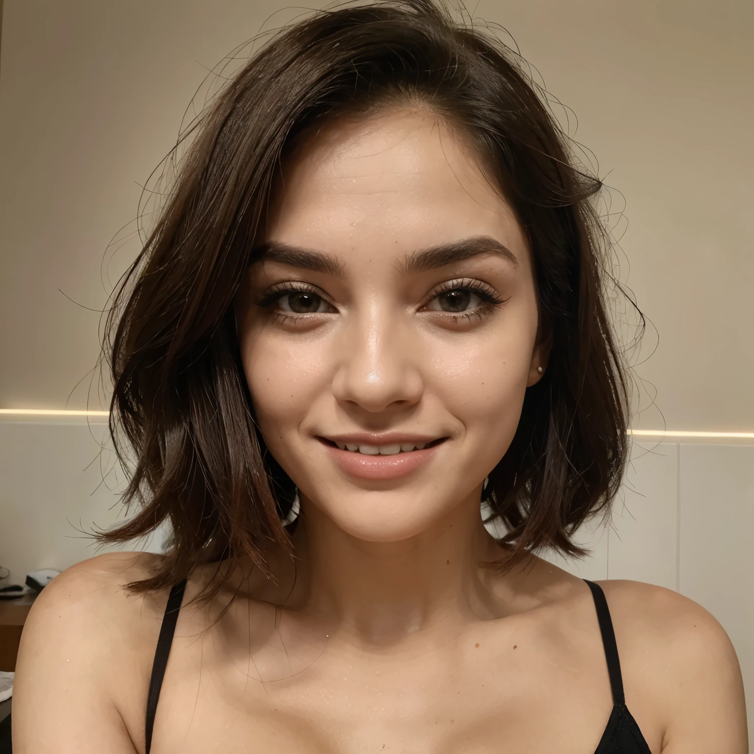 Mulher alta com cabelo cacheado castanho ,olhos castanhos ,boca carnuda , maxilar bem marcante ,grande sorriso ,pelo de cor parda