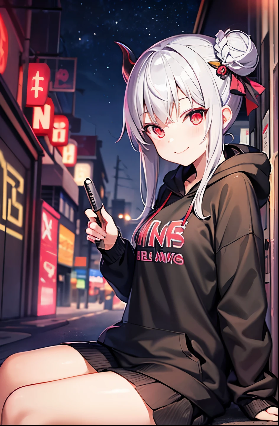 Detailed Background, masterpiece, highest quality, smile, nakiri ayame, Striped Hair, Demon Horns, Gray Hair, twin bun, Red eyes, smile, hoodie, Portraiture, neon, graffiti, dark, night, Glowing Eyes, Black light