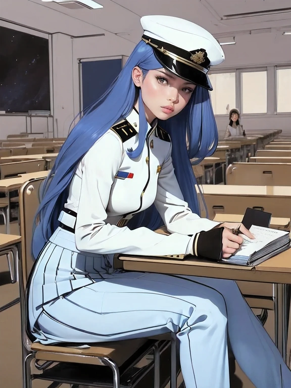 superflat, flat shading, flat colors, (masterpiece:1.2, best quality), (closeup), (2women:1.4), , slim, (white military outfit), pleated skirt, military hat, space cadet, sitting by desk, in classroom, put head on hand, bored,  classmates in background, (spaceship interiors), futuristic, cosmos, watercolor