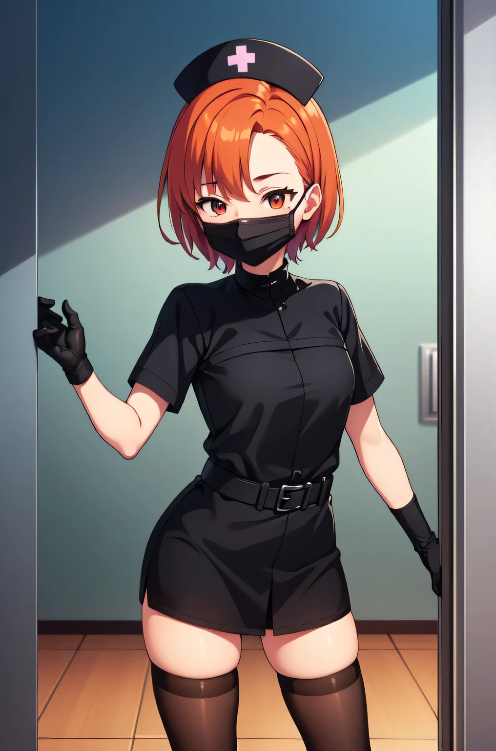 black nurse, 1girl, solo, black nurse cap, black nurse uniform, ((black legwear, zettai ryouiki)), black elbow gloves, very short hair, orange hair, ((black surgical mask, covered nose)), standing, ((surgery room)), sharp outline, short sleeves, tomboy, boyish, best quality, masterpiece