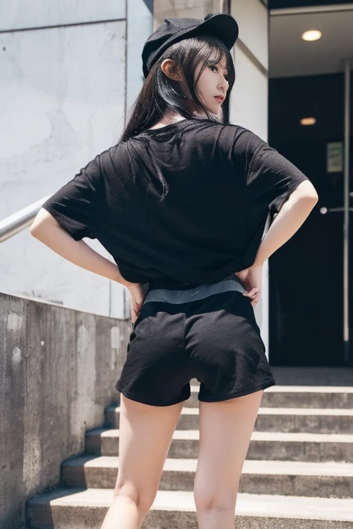 Japanese women、young woman、cute、Beauty、Straight face、Climbing the stairs at the station、Back view、Half Body、Look back here、Looking down here、Long black hair、Wearing a tight fitting black cap、(Black hot pants:1.3)、I can see your thighs、Beautiful legs、Beautiful feet、(Oversized T-shirt:1.3),Emphasizes chest line、Mid-chest、Sideboob