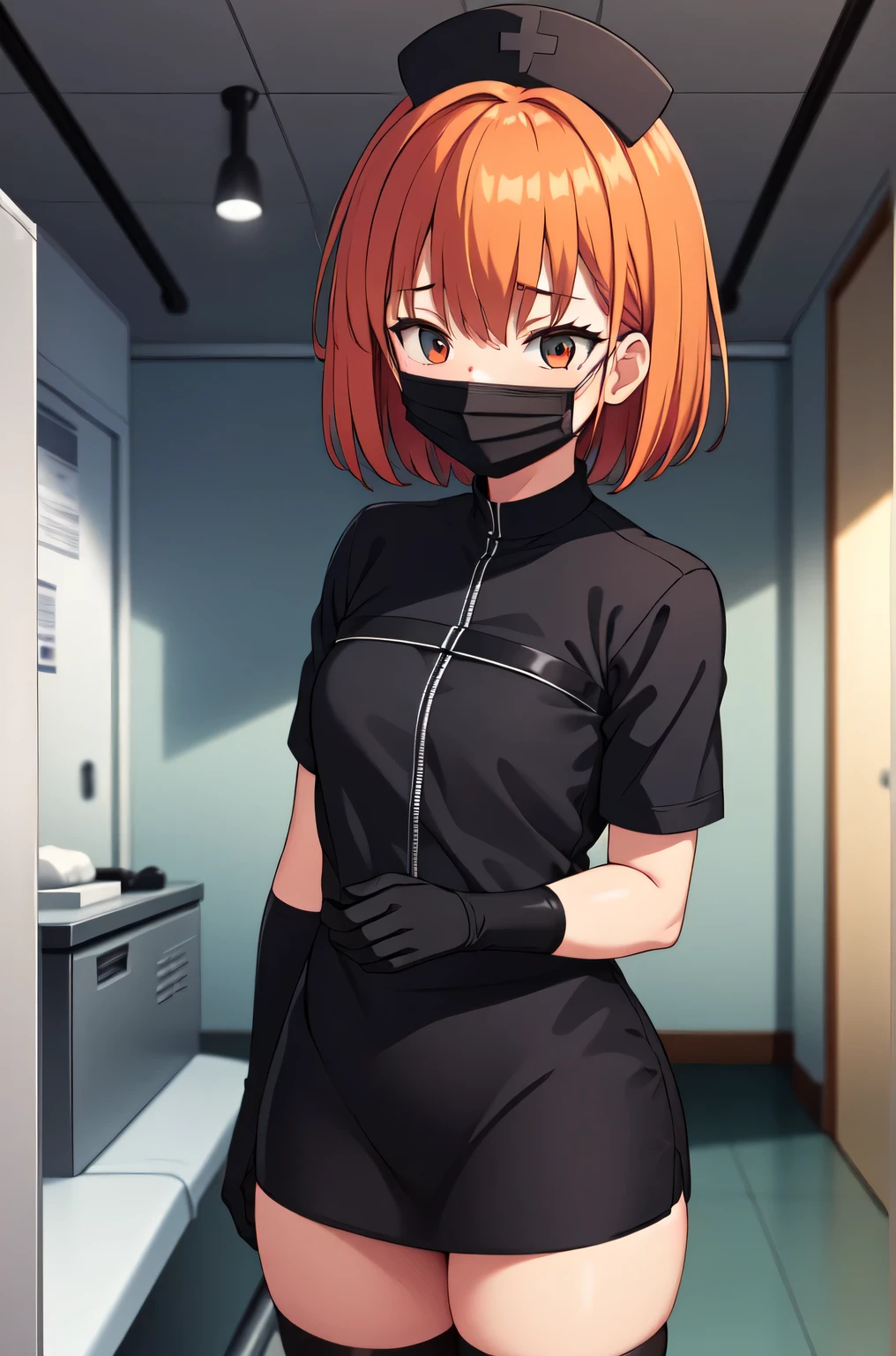 black nurse, 1girl, solo, black nurse cap, black nurse uniform, ((black legwear, zettai ryouiki)), black elbow gloves, very short hair, orange hair, ((black surgical mask, covered nose)), standing, ((surgery room)), sharp outline, short sleeves, tomboy, boyish, best quality, masterpiece