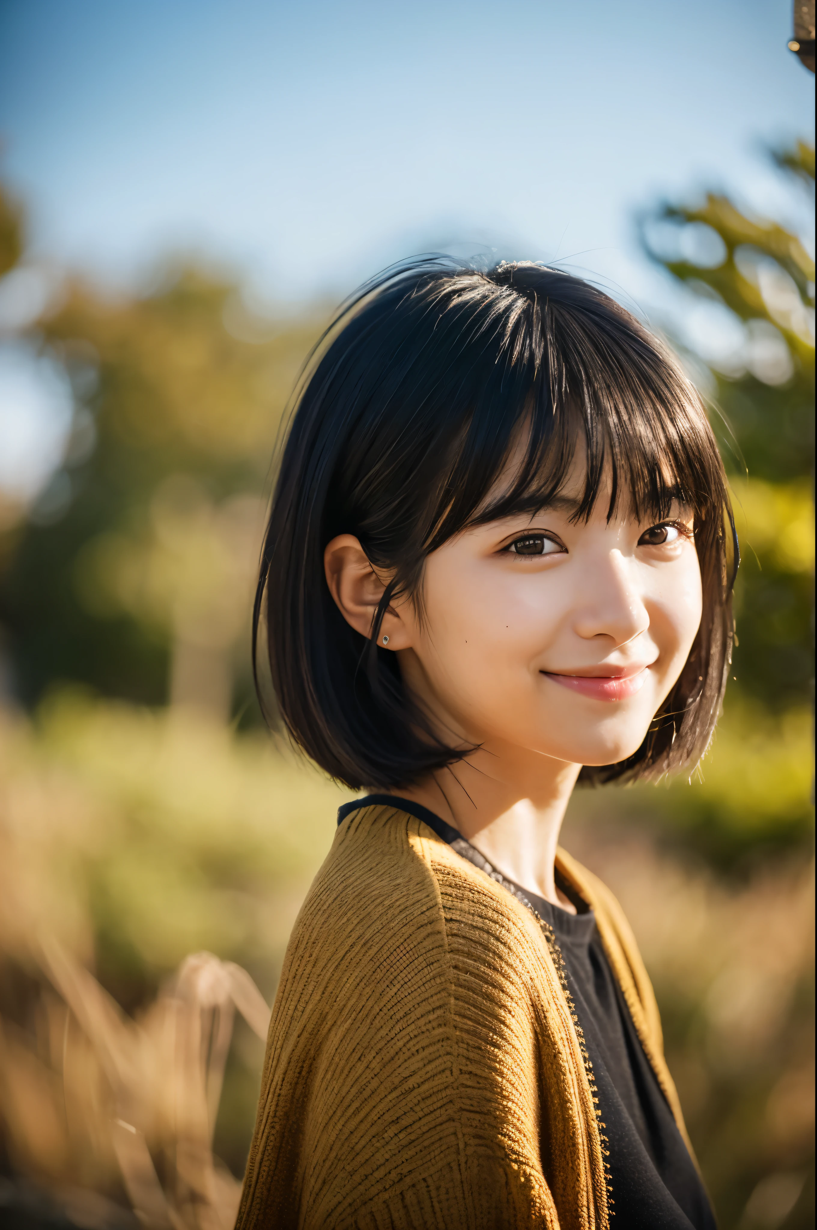 Portraiture, 8k, high quality, Realistic Photographic Images, , Japanese women, Neat, small, Natural and realistic eyes, Beautiful black hair, short hair, light makeup, Octane Rendering, Beautiful lighting, Golden ratio composition, smile, Casual wear, Casual clothing, Natural background, Blurred Background