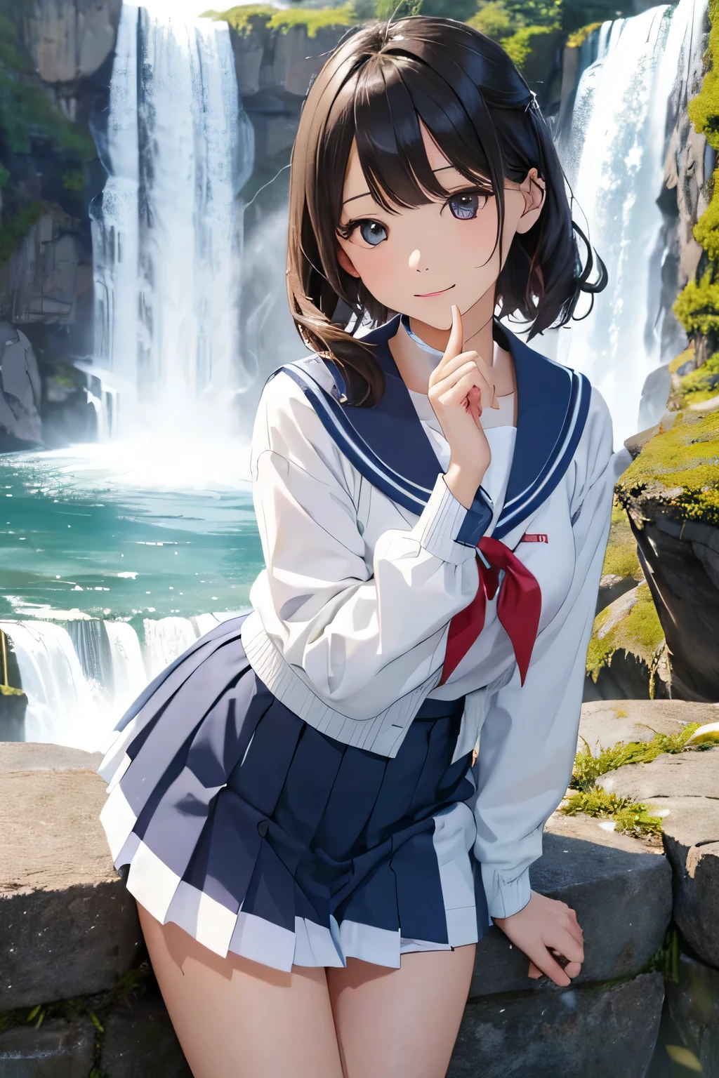 highest quality、High resolution、Detailed Background、(Beautiful face in every detail:1.4)、Anatomically correct、(Draw the usual number of fingers:1.2)、(Detailed facial expressions)、(Detailed eyes:1.2)、(Detailed eyes:1.2)、Beautiful, smooth skin、Teenage beauty、(Highly detailed face:1.4)、cute hair color、Bobcut、ponytail、Wavy Hairstyle、well-groomed eyebrows、Perfect body line、White Sailor Suit、Light blue sailor collar、Pleated skirt、School Cardigan、White Stockings、In a joking manner、Niagara Falls、The power of the waterfall and the beautiful rainbow created by the spray、Harmony with the surrounding natural environment、Cowboy Shot、
(Two girls stand side by side, smiling broadly as they take a selfie with Niagara Falls in the background:1.5)、
From the American side「American Falls」The falls, called and, are on the Canadian side.「Horseshoe Falls」and「Bridal Veil Falls」You can see a waterfall called、In particular, Horseshoe Falls is a semicircular waterfall and its power and majesty are overwhelming.、 It is also famous for its large amount of water.、The sight of the water falling into the pool with a loud noise is overwhelming, and you can feel its power and strength.、 The waterfall's spray rises into the air and on sunny days you can see beautiful rainbows.、 Especially in the morning and evening, the angle of the light reflecting off the waterfall creates a dynamic rainbow.、 The sight of a rainbow over the waterfall is truly magical.、cute