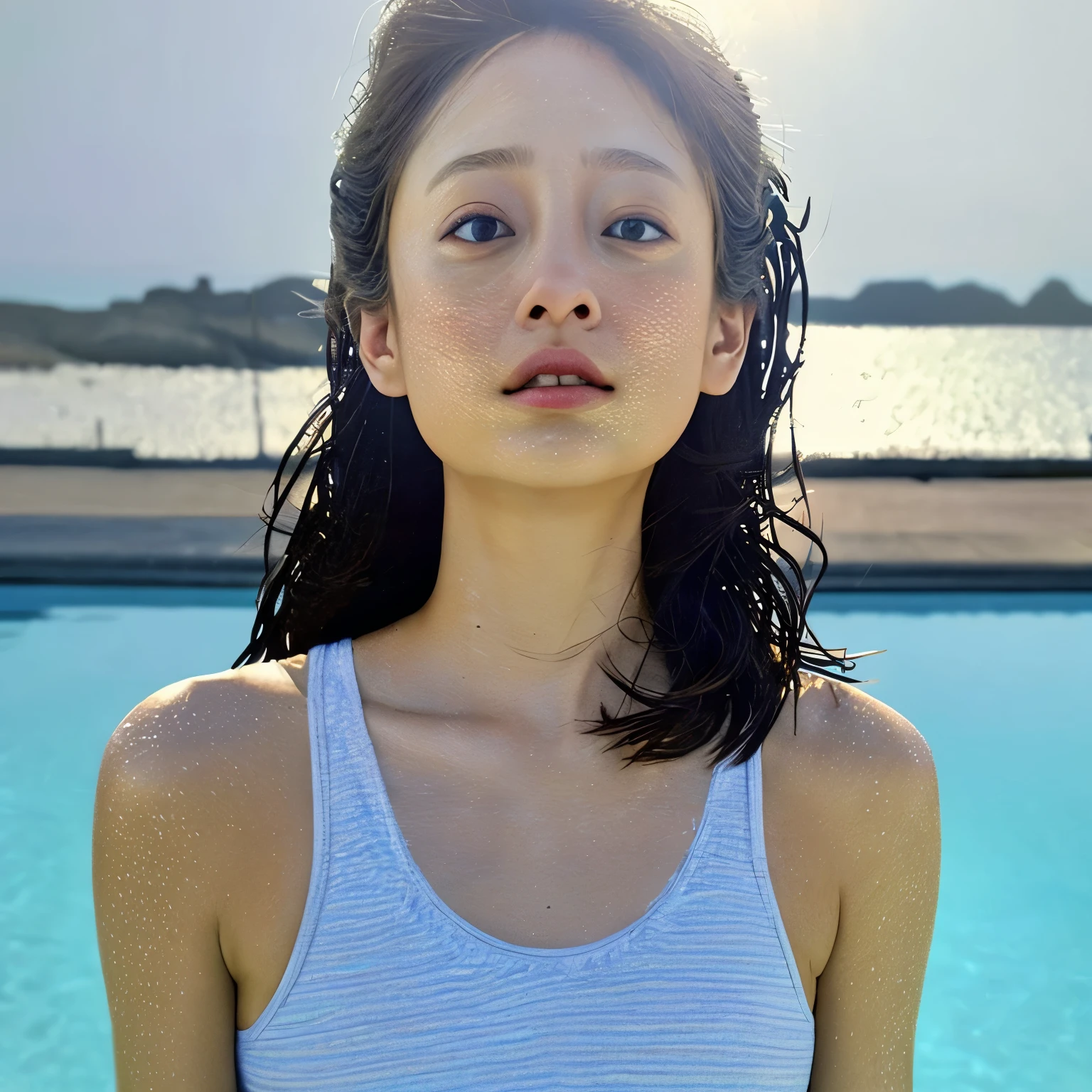 doress、(Photorealsitic:1.4)、(hyper realisitic:1.4)、(realisitic:1.3)、(Smooth lighting:1.05)、(Improved lighting quality in movies:0.9)、32K、1girl in、20 years girl、Realistic lighting、Back lighting、Facial light、raytrace、(brightened light:1.2)、(enhanced quality:1.4)、(Top quality real texture skins:1.4)、finely eye、finerly detailed face、Fine quality eye、(Tired, sleepy and satisfied:0.0)、 close up of face、tshirts、(enhance body line mood:1.1)、(Increase the beauty of skin texture:1.1)、((Aya Ueto))、the beach、swim wears、