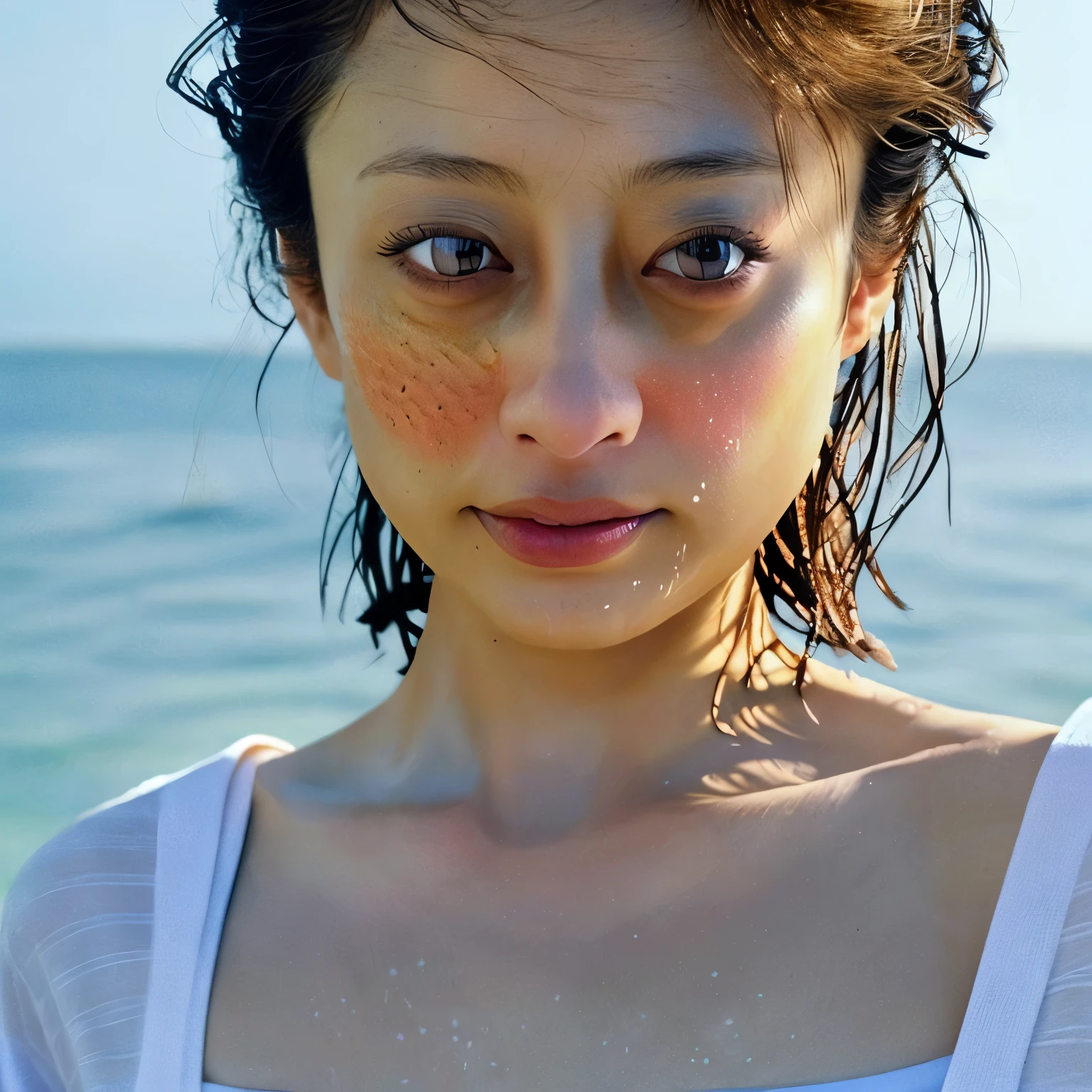doress、(Photorealsitic:1.4)、(hyper realisitic:1.4)、(realisitic:1.3)、(Smooth lighting:1.05)、(Improved lighting quality in movies:0.9)、32K、1girl in、20 years girl、Realistic lighting、Back lighting、Facial light、raytrace、(brightened light:1.2)、(enhanced quality:1.4)、(Top quality real texture skins:1.4)、finely eye、finerly detailed face、Fine quality eye、(Tired, sleepy and satisfied:0.0)、 close up of face、tshirts、(enhance body line mood:1.1)、(Increase the beauty of skin texture:1.1)、((Aya Ueto))、the beach、swim wears、