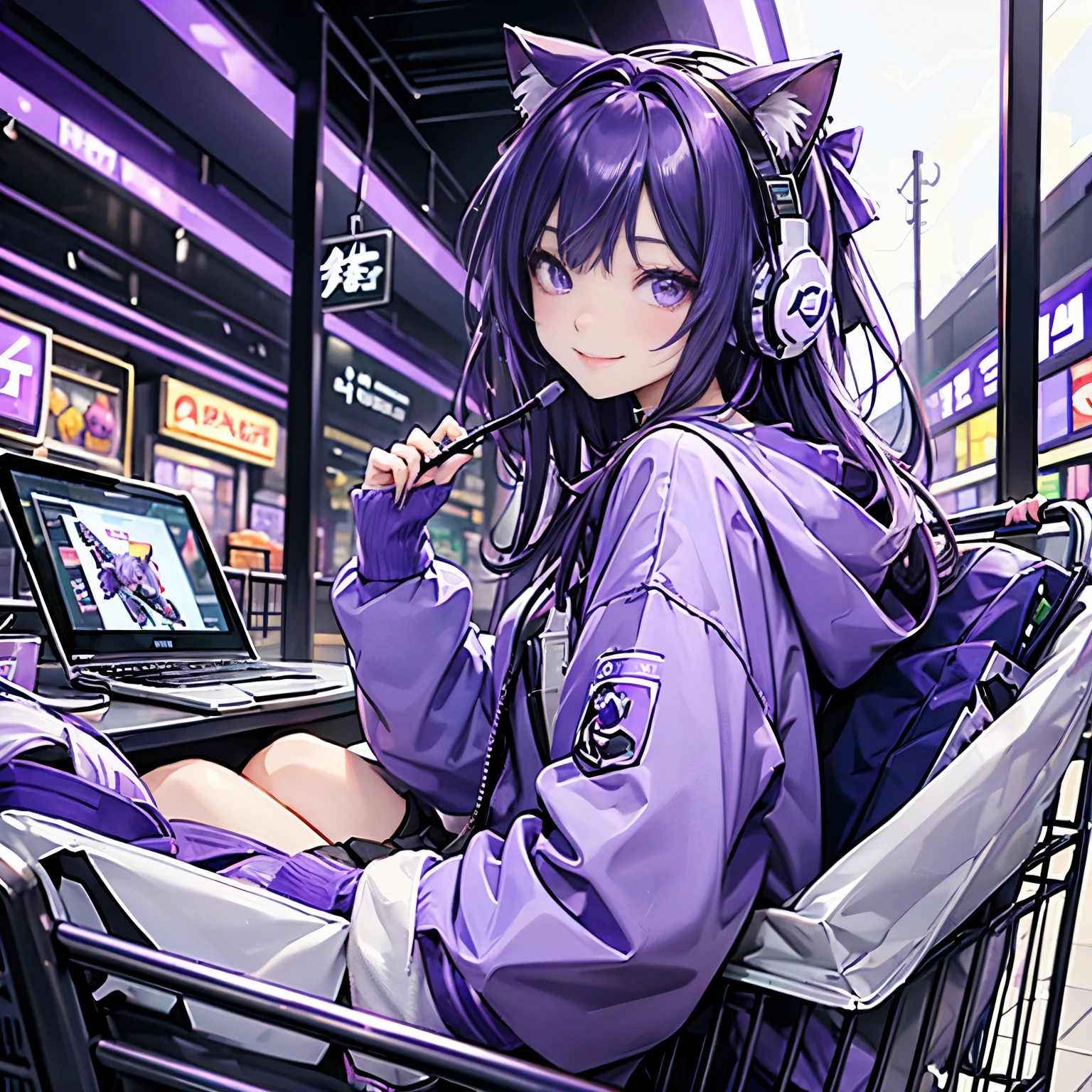 Sitting in a shopping cart、headphone、Gamer、、背景Gamerの部屋、smile、Cat with purple ribbon、Purple Hair、Purple eyes、Purple clothes、Angle from the side