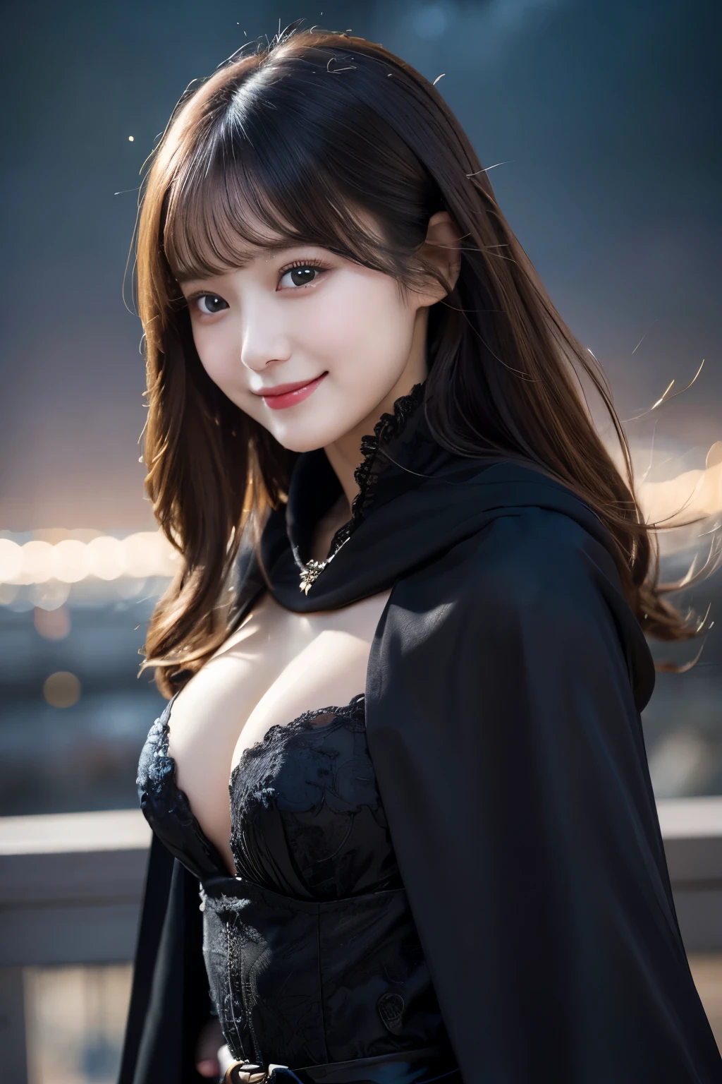 Tabletop, highest quality, figure, Very detailed, In detail, High resolution, 8k wallpaper, Perfect dynamic composition, Beautiful fine details, Black dress、Black cloak、Beautiful breastedium Hair, Small breasts, Natural color lip,smile,20-year-old girl、cute、People flying in the sky、An impossible world