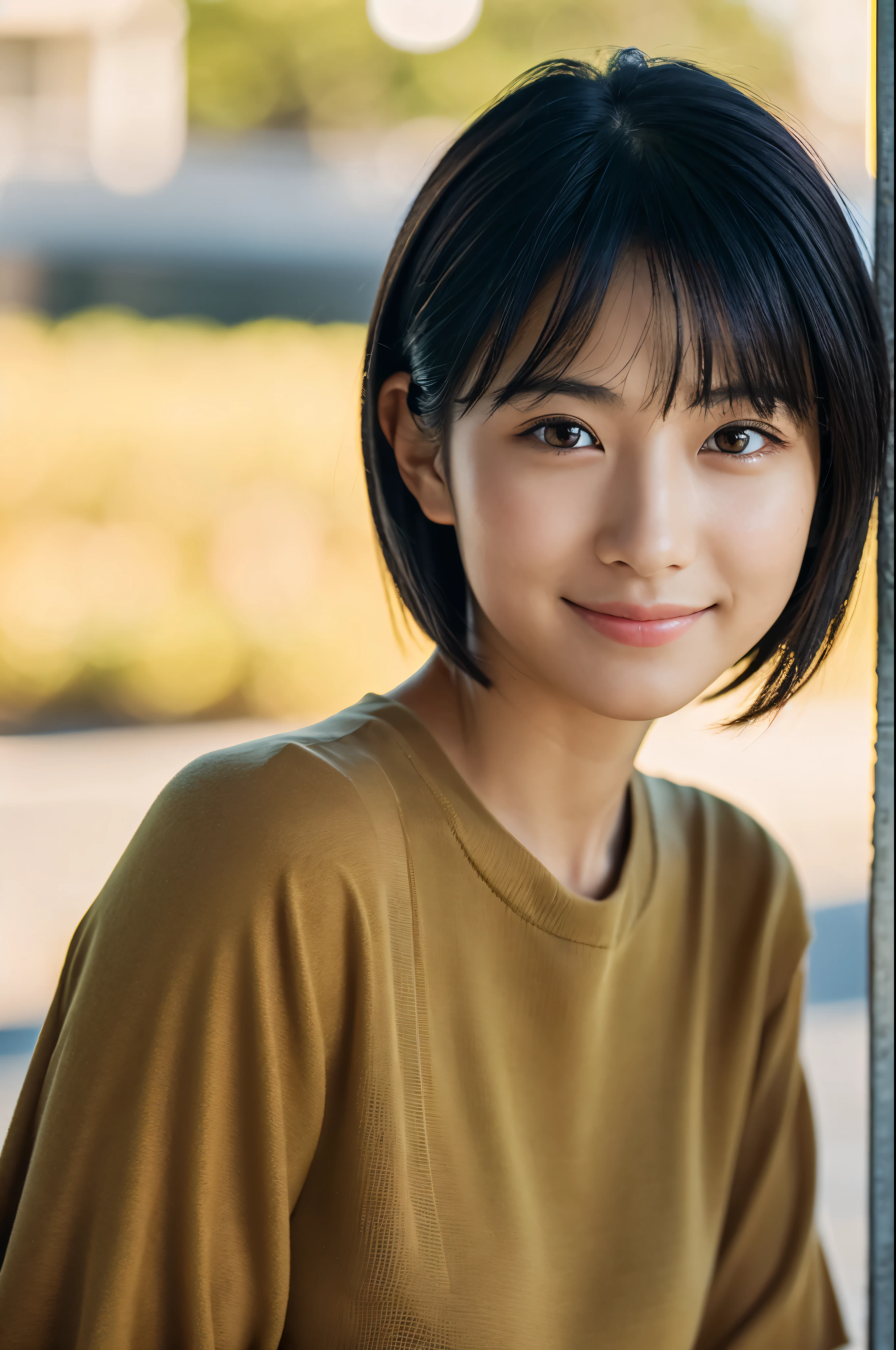 Portraiture, 8k, high quality, Realistic Photographic Images, 17 years old, Japanese women, Neat, small, Natural and realistic eyes, Beautiful black hair, short hair, light makeup, Octane Rendering, Beautiful lighting, Golden ratio composition, smile, Casual wear, Casual clothing, Natural background, Blurred Background