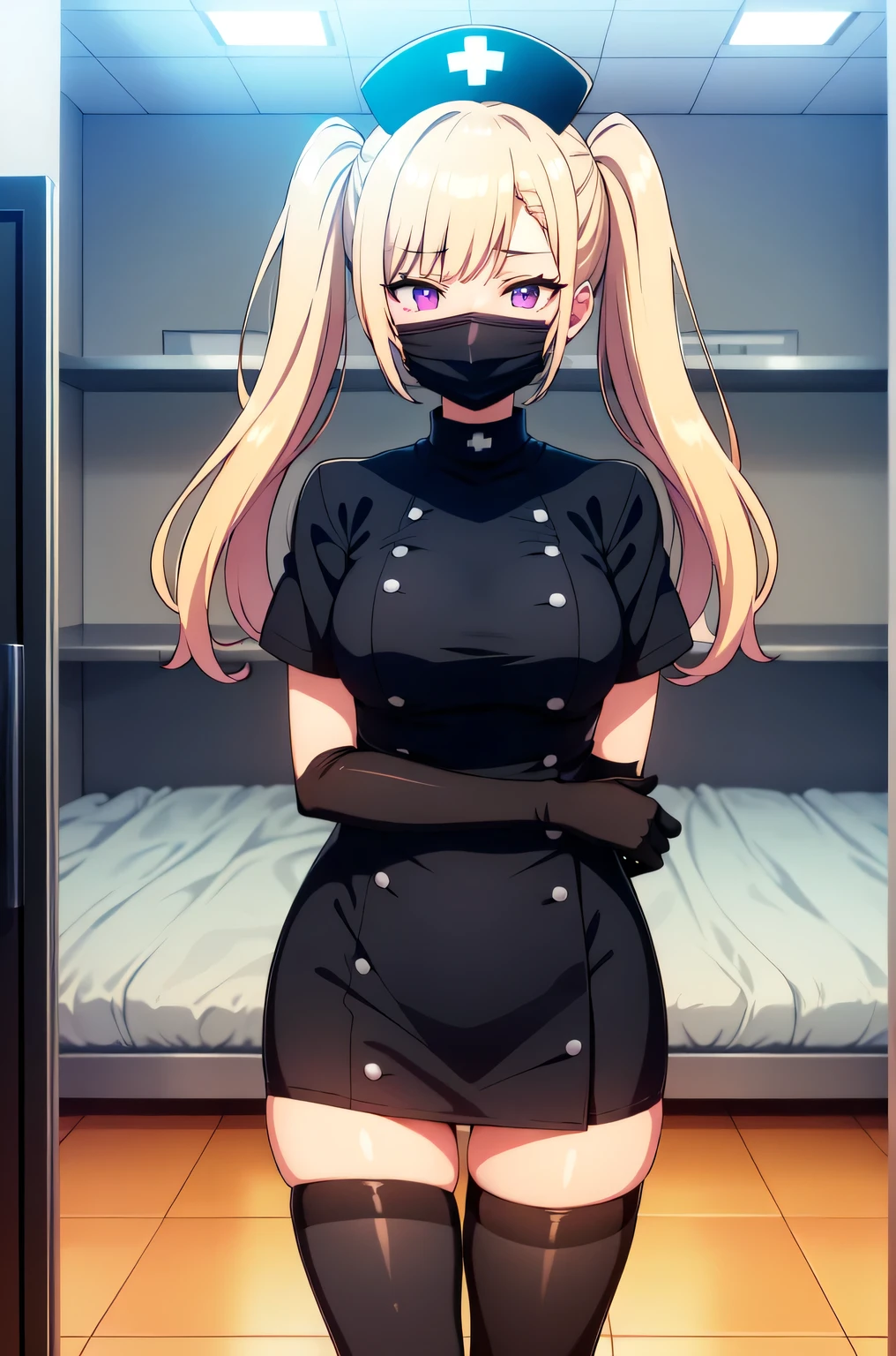 black nurse, 1girl, solo, black nurse cap, black nurse uniform, ((black legwear, zettai ryouiki)), black elbow gloves, twintails, yellow hair, purple eyes, ((black surgical mask, covered nose)), standing, ((surgery room)), sharp outline, short sleeves, best quality, masterpiece
