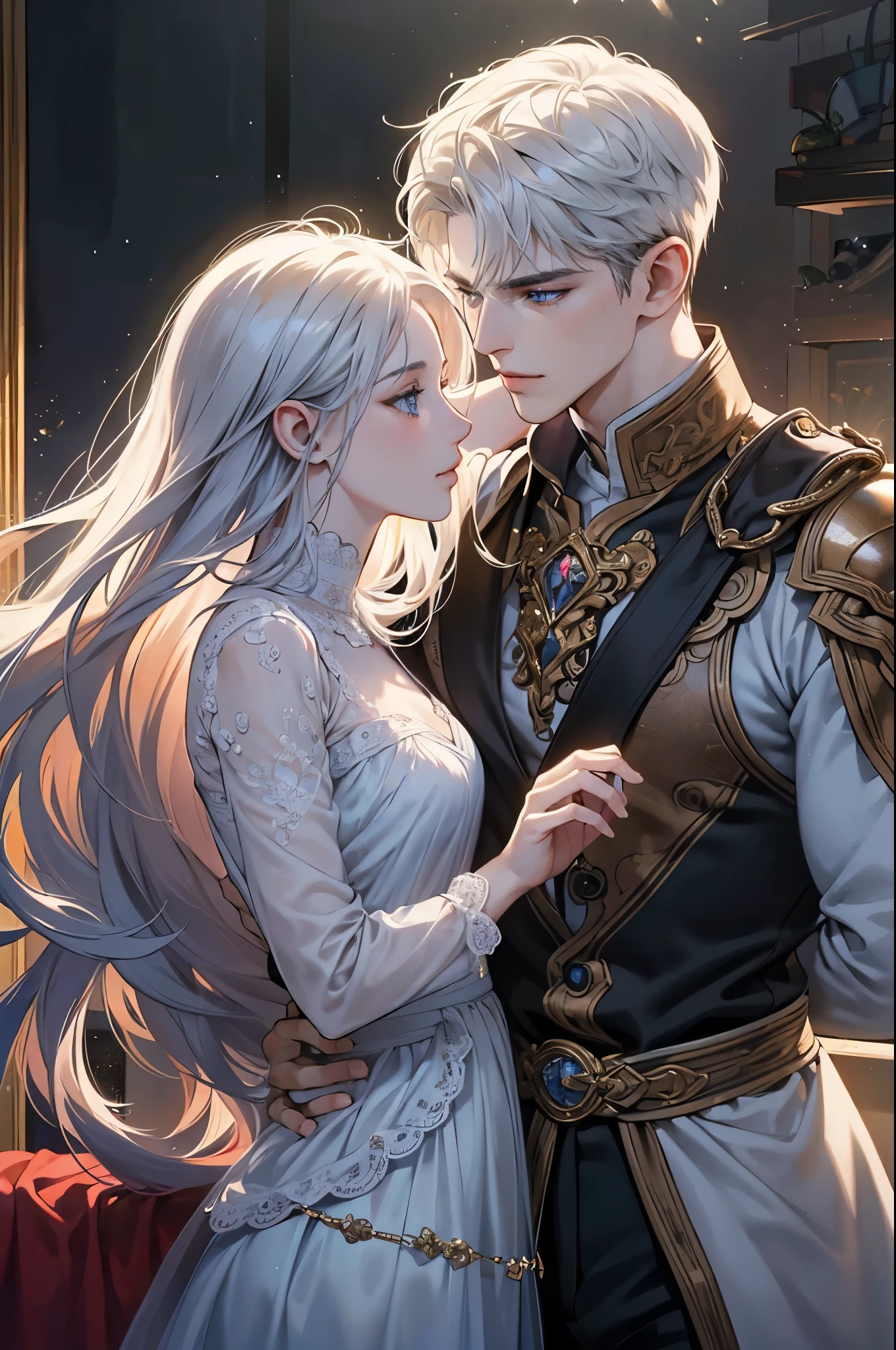 (best quality, highres, ultra-detailed), realistic portrayal of a muscular and handsome man with amure and in white short hair and blue eyes, kissing a beautiful woman with long white hair and blue eyes with armure. Both of them are wearing exquisite armor. The scene depicts a passionate moment between the two characters, capturing their intense love and desire. The artwork should be created using oil painting techniques, with a focus on capturing the intricate details of the characters' facial features and the luxurious texture of their hair. The lighting should enhance the romantic atmosphere, casting soft shadows and emphasizing the depth of their emotions. The overall color tone should be warm and inviting, with vibrant hues that accentuate the beauty of the characters. This masterpiece should evoke a sense of intimacy and longing, leaving viewers enchanted by the allure of true love.