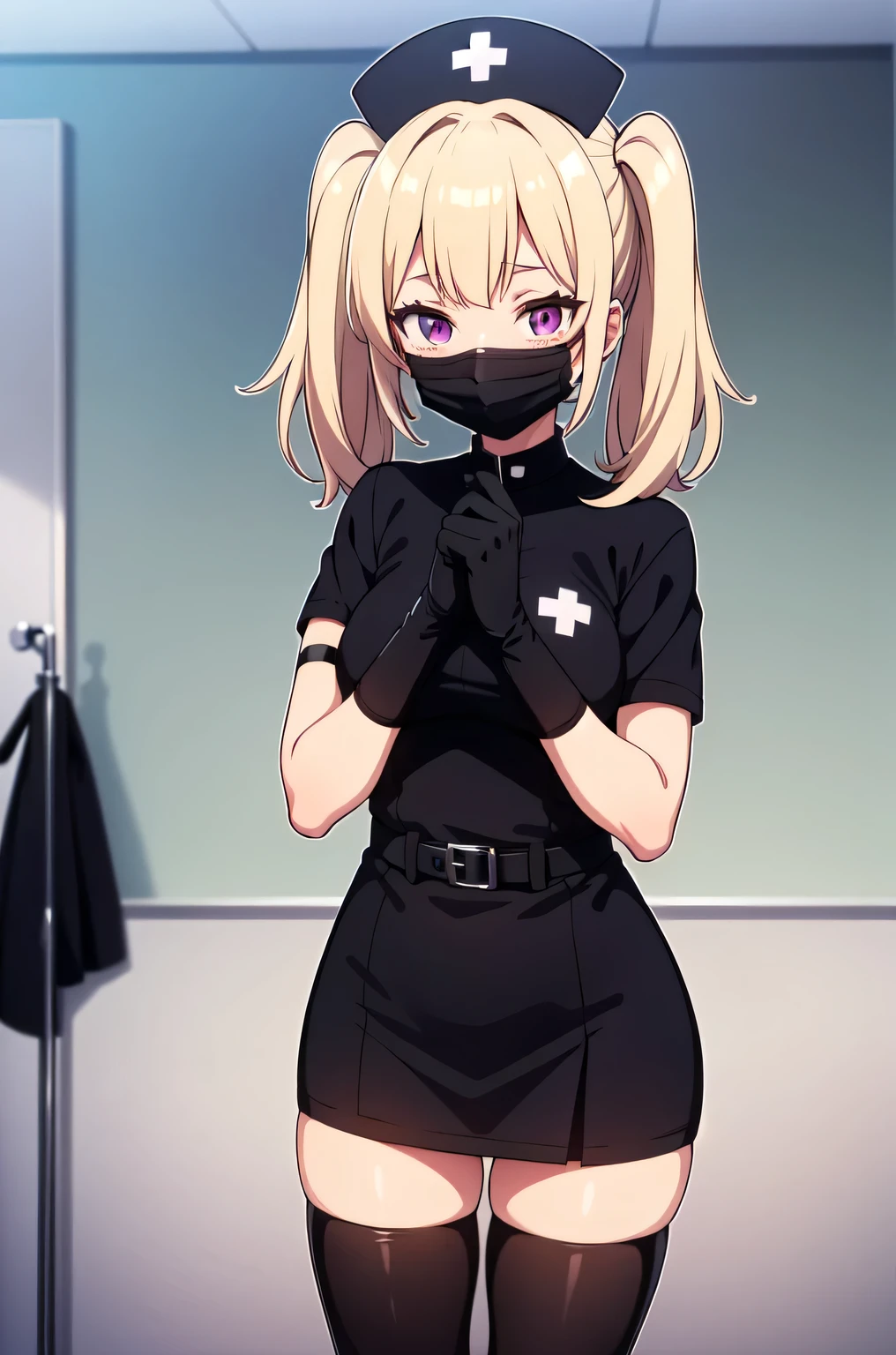 black nurse, 1girl, solo, black nurse cap, black nurse uniform, ((black legwear, zettai ryouiki)), black elbow gloves, twintails, yellow hair, purple eyes, ((black surgical mask, covered nose)), standing, ((surgery room)), sharp outline, short sleeves, best quality, masterpiece