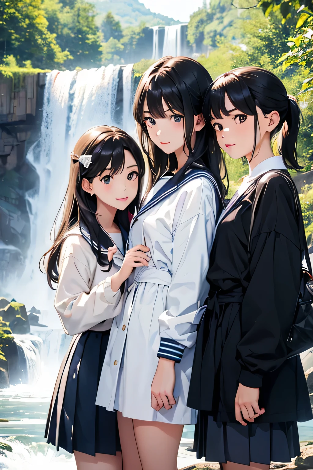 highest quality、High resolution、Detailed Background、(Beautiful face in every detail:1.4)、Anatomically correct、(Draw the usual number of fingers:1.2)、(Detailed facial expressions)、(Detailed eyes:1.2)、(Detailed eyes:1.2)、Beautiful, smooth skin、Teenage beauty、(Highly detailed face:1.4)、cute hair color、Bobcut、ponytail、Wavy Hairstyle、well-groomed eyebrows、Perfect body line、White Sailor Suit、Light blue sailor collar、Pleated skirt、School Cardigan、White Stockings、In a joking manner、Cute gestures、Niagara Falls、The power of the waterfall and the beautiful rainbow created by the spray、Harmony with the surrounding natural environment、Cowboy Shot、
(Three girls standing side by side taking a selfie with a waterfall in the background:1.5)、
From the American side「American Falls」The falls, called and, are on the Canadian side.「Horseshoe Falls」and「Bridal Veil Falls」You can see a waterfall called、In particular, Horseshoe Falls is a semicircular waterfall and its power and majesty are overwhelming.、 It is also famous for its large amount of water.、The sight of the water falling into the pool with a loud noise is overwhelming, and you can feel its power and strength.、 The waterfall's spray rises into the air and on sunny days you can see beautiful rainbows.、 Especially in the morning and evening, the angle of the light reflecting off the waterfall creates a dynamic rainbow.、 The sight of a rainbow over the waterfall is truly magical.、cute
