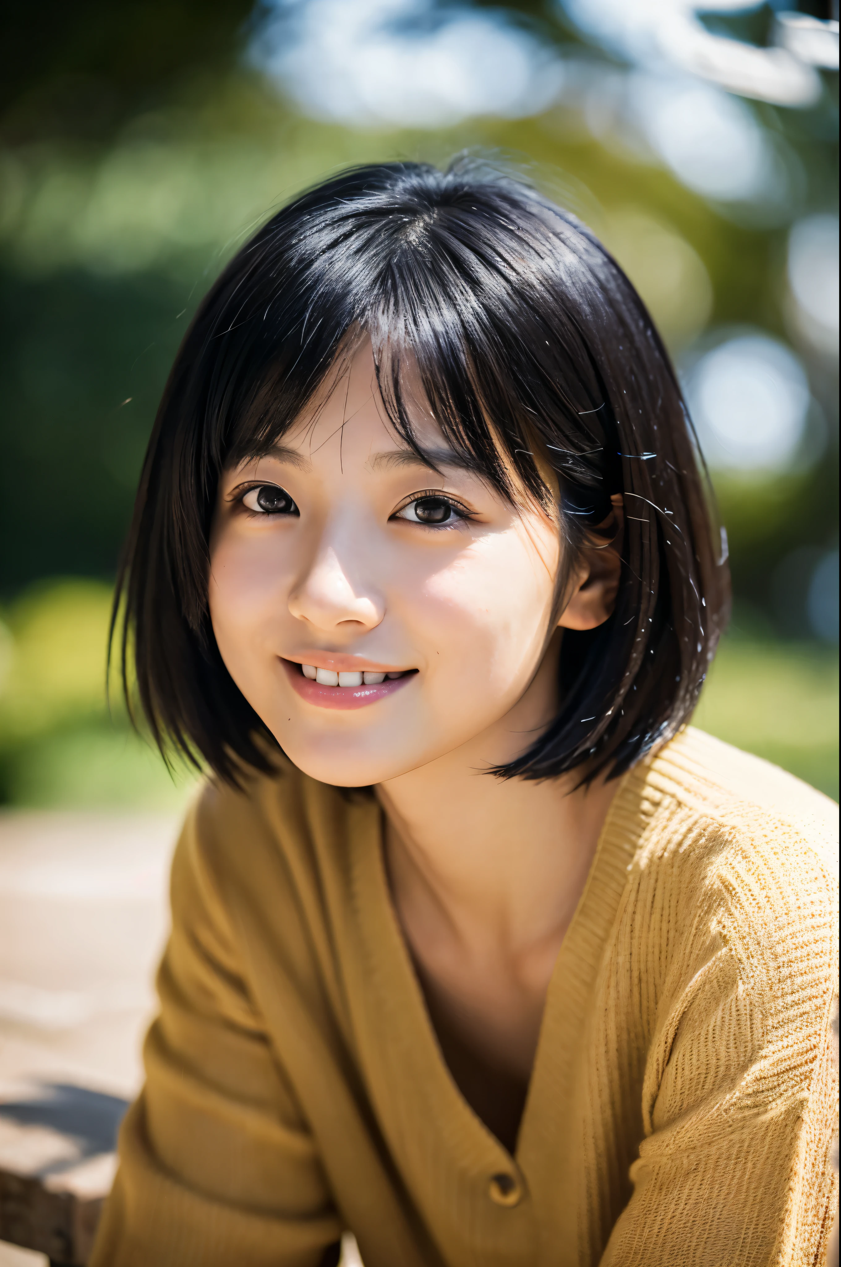 Portraiture, 8k, high quality, Realistic Photographic Images, 17 years old, Japanese women, Neat, small, Natural and realistic eyes, Beautiful black hair, short hair, light makeup, Octane Rendering, Beautiful lighting, Golden ratio composition, smile, Casual wear, Casual clothing, Natural background, Blurred Background