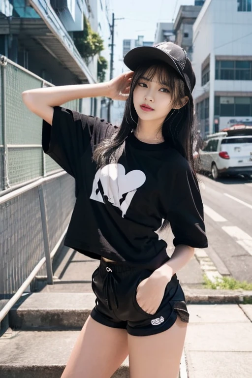 Japanese women、young woman、cute、Beauty、Straight face、Climbing the stairs at the station、Back view、Half Body、Look back here、Looking down here、Long black hair、(Wearing a tight fitting black cap)、(Shorts、Black hot pants:1.6)、I can see your thighs、Beautiful legs、Beautiful feet、(Oversized T-shirt:1.6),Emphasizes chest line、Mid-chest、Sideboob,Sexy pose、attractive