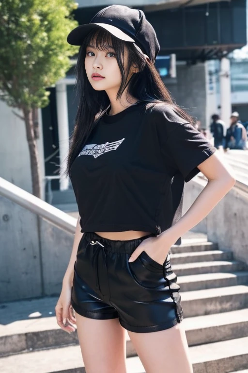 Japanese women、young woman、cute、Beauty、Straight face、Climbing the stairs at the station、Back view、Half Body、Look back here、Looking down here、Long black hair、(Wearing a tight fitting black cap)、(Shorts、Black hot pants:1.6)、I can see your thighs、Beautiful legs、Beautiful feet、(Oversized T-shirt:1.6),Emphasizes chest line、Mid-chest、Sideboob,Sexy pose、attractive