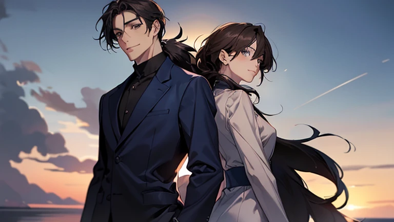 masterpiece, highest quality, 2. He, Couple, One Man and One Woman,mature, Adult, Height difference, Different Fashion, Different colors, Beautiful eyes and a beautiful face, ,The man has dark blue hair, A man with a navy blue low ponytail,suit,Intricate details,,Dawn Sky,Standing back to back,Smiling man with a navy blue low ponytail,Woman with long dark brown hair,Woman with down hair,Man with dark blue eyes, Woman with light blue eyes,Stand back to back,