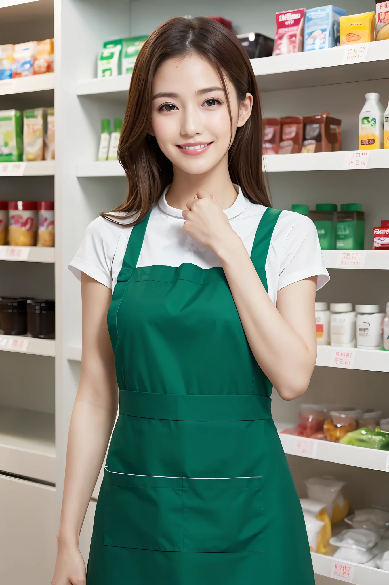 (highest quality、Tabletop、8k、Best image quality、Award-winning works)、a woman working at a convenience store、(The most natural and perfect plain green simple apron:1.3)、(Simple green apron:1.2)、Classy shirt、(Big Breasts:1.1)、(Accentuate your body lines:1.1)、(Standing Elegantly:1.1)、Beautiful woman portrait、The most natural and perfectly organized convenience store、In the background are convenience store shelves、Perfectly organized shelves、Shelves lined with natural products、(very bright and vivid:1.2)、Strongly blurred background、Look at me and smile、(Accurate anatomy:1.1)、Ultra high resolution perfect beautiful teeth、Ultra-high definition beauty face、Ultra HD Hair、Ultra-high definition sparkling eyes、(輝く超高解像度のGlowing Beautiful Skin:1.3)、(Glowing Beautiful Skin:1.2)、Ultra-high quality glossy lips