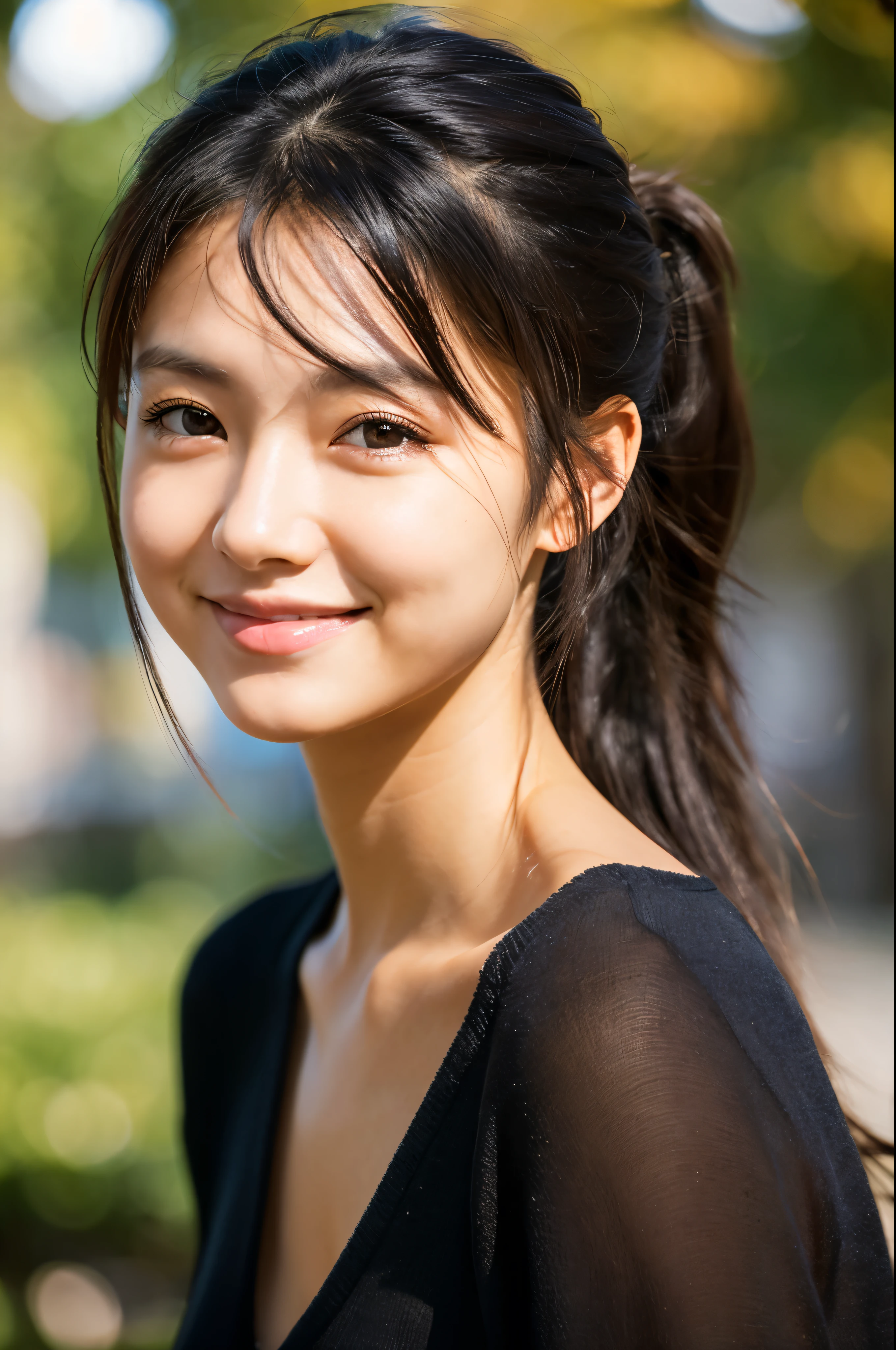 Portraiture, 8k, high quality, Realistic Photographic Images, 18-year-old, Japanese women, Neat, small, Natural and realistic eyes, Beautiful black hair, Long Hair, ponytail, light makeup, Octane Rendering, Beautiful lighting, Golden ratio composition, Smile, Casual wear, Casual clothing, sober、Natural background, Blurred Background