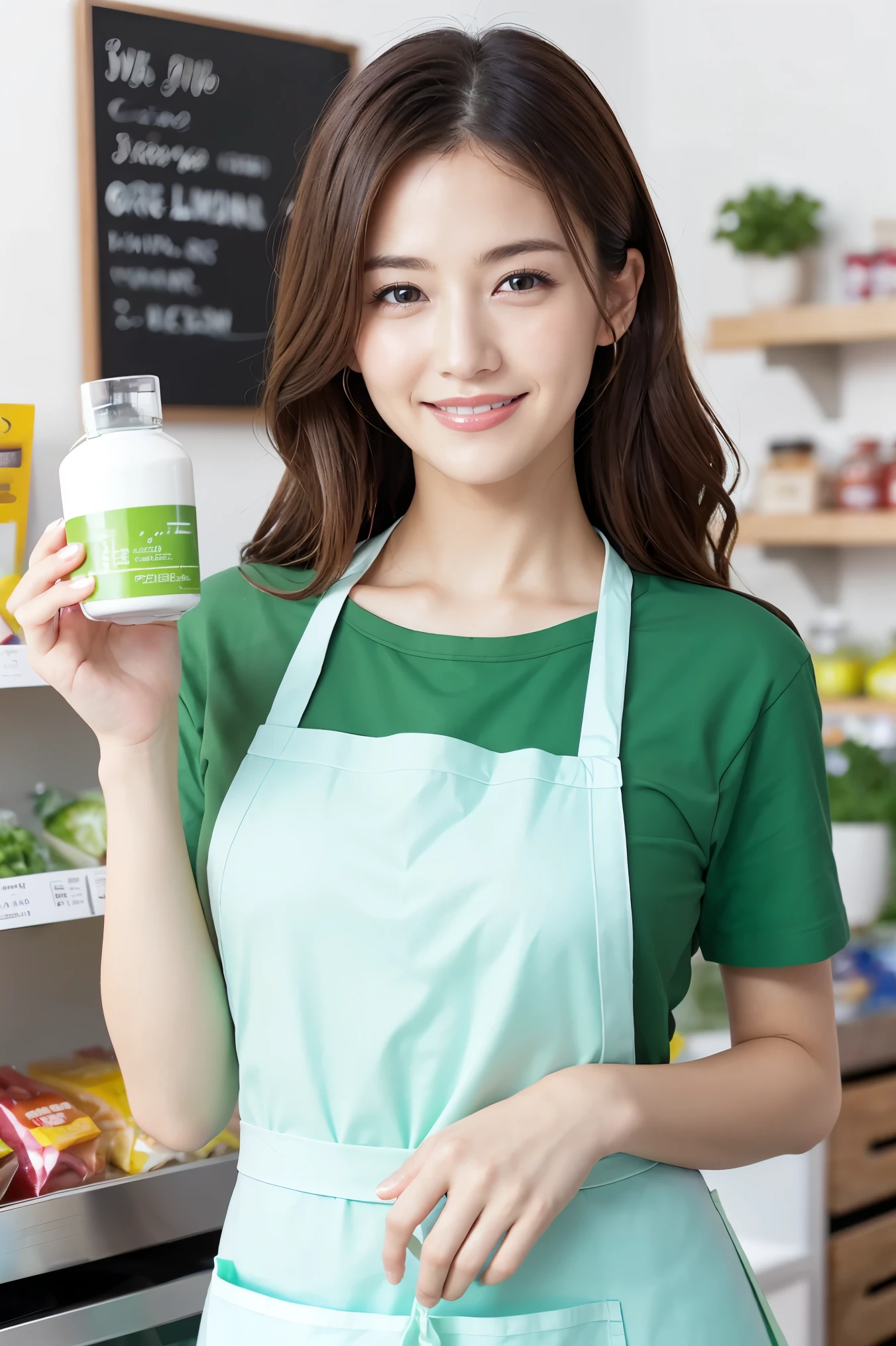 (highest quality、Tabletop、8k、Best image quality、Award-winning works)、a woman working at a convenience store、(The most natural and perfect plain green simple apron:1.3)、(Simple green apron:1.2)、Classy shirt、(Big Breasts:1.1)、(Accentuate your body lines:1.1)、(Standing Elegantly:1.1)、Beautiful woman portrait、The most natural and perfectly organized convenience store、In the background are convenience store shelves、Perfectly organized shelves、Shelves lined with natural products、(very bright and vivid:1.2)、Strongly blurred background、Look at me and smile、(Accurate anatomy:1.1)、Ultra high resolution perfect beautiful teeth、Ultra-high definition beauty face、Ultra HD Hair、Ultra-high definition sparkling eyes、(輝く超高解像度のGlowing Beautiful Skin:1.3)、(Glowing Beautiful Skin:1.2)、Ultra-high quality glossy lips