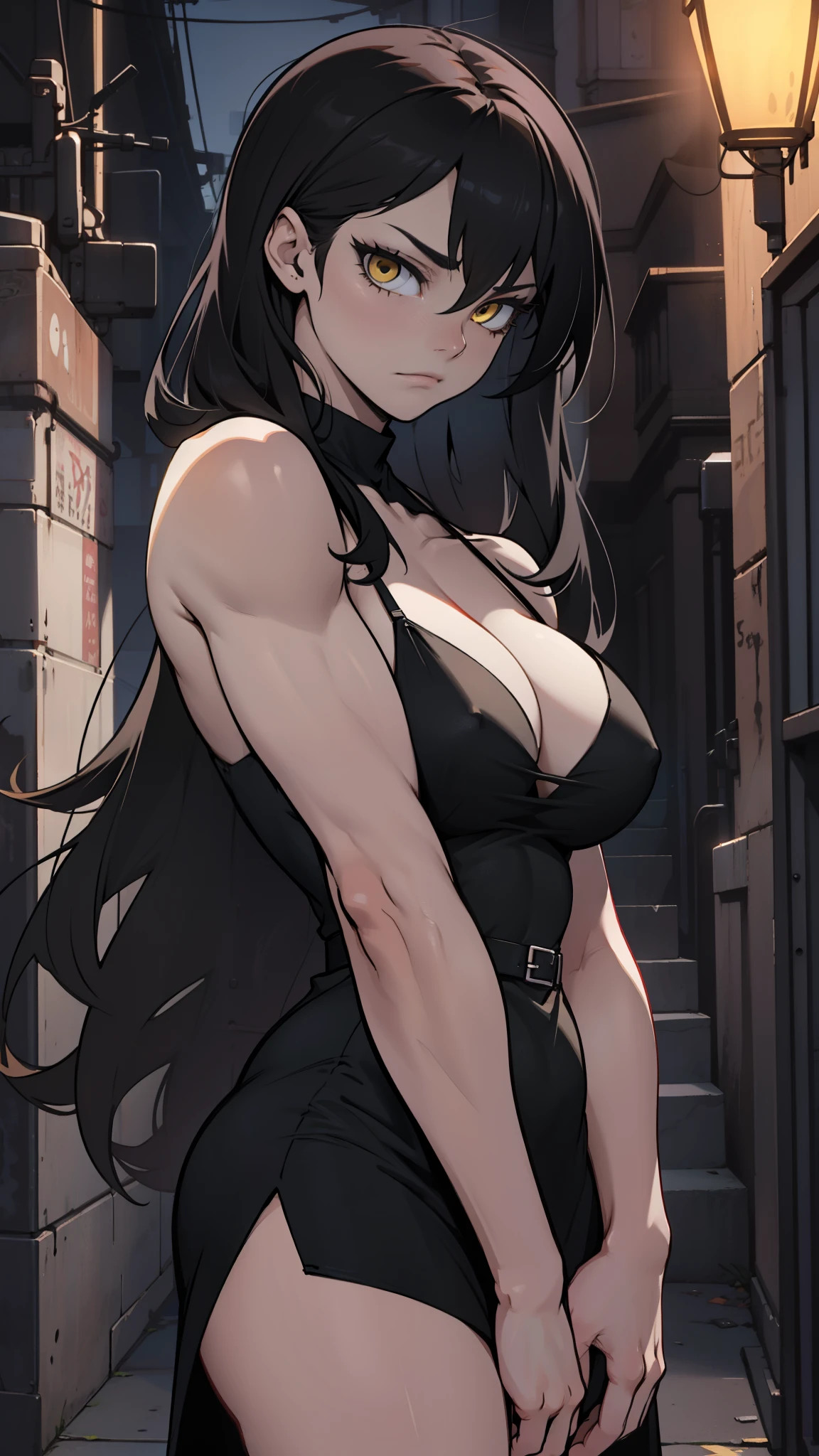 girl muscles huge breasts pale skin very long hair black hair yellow eyes sad expressionless solo black night dress black night dress