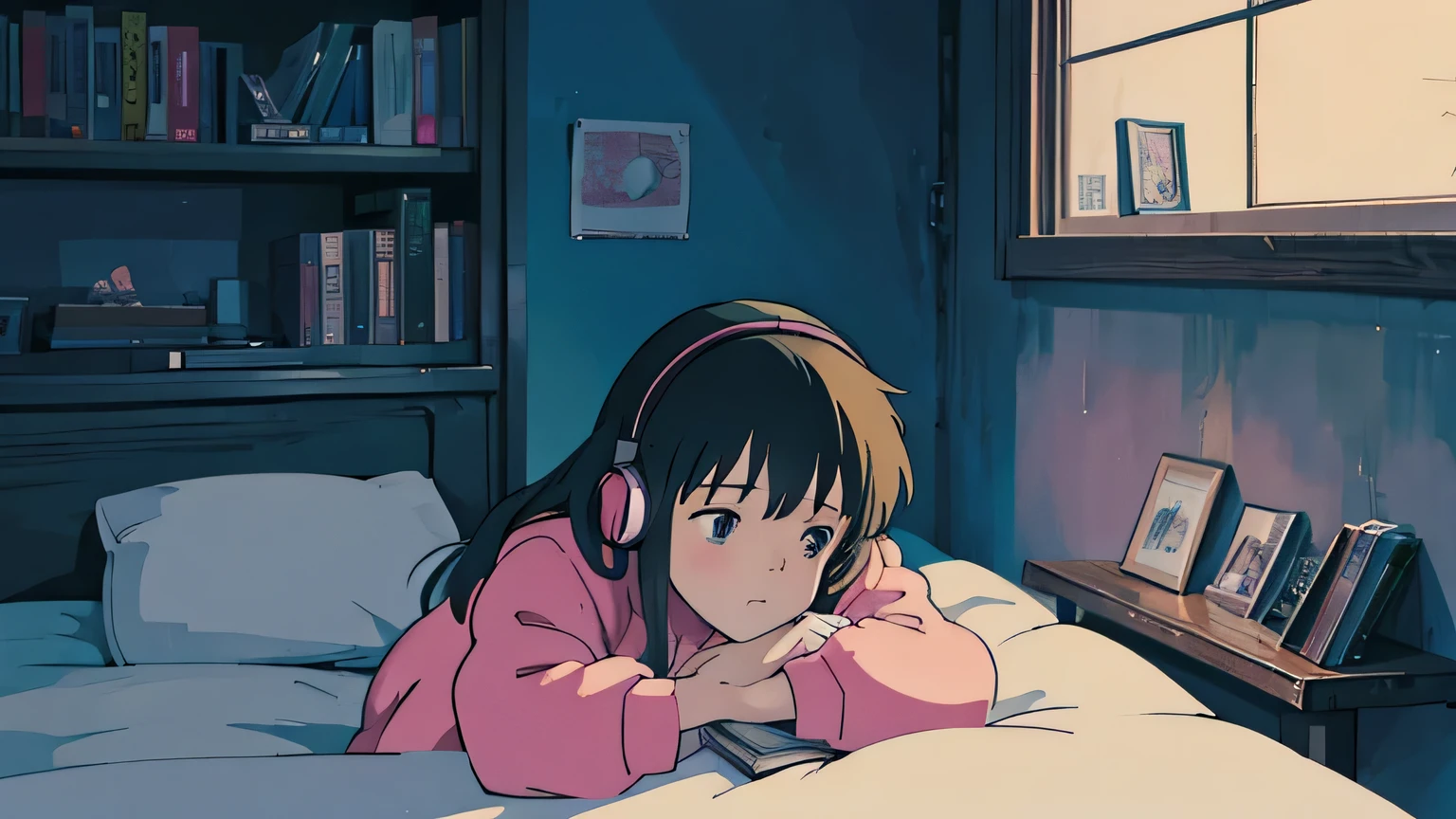 ,night, Large windows, Anime girl reading a book while relaxing in her room with headphones on, LOFI Girl, Anime atmosphere, Lofi Artstyle, Anime Style 4k, Anime Aesthetics, Nightcore, Lo-fi feeling, Lofi Art, anime art wallpaper 4k, anime art wallpaper 4k, anime wallpaper 4k, anime wallpaper 4k, Lo-fi vibe