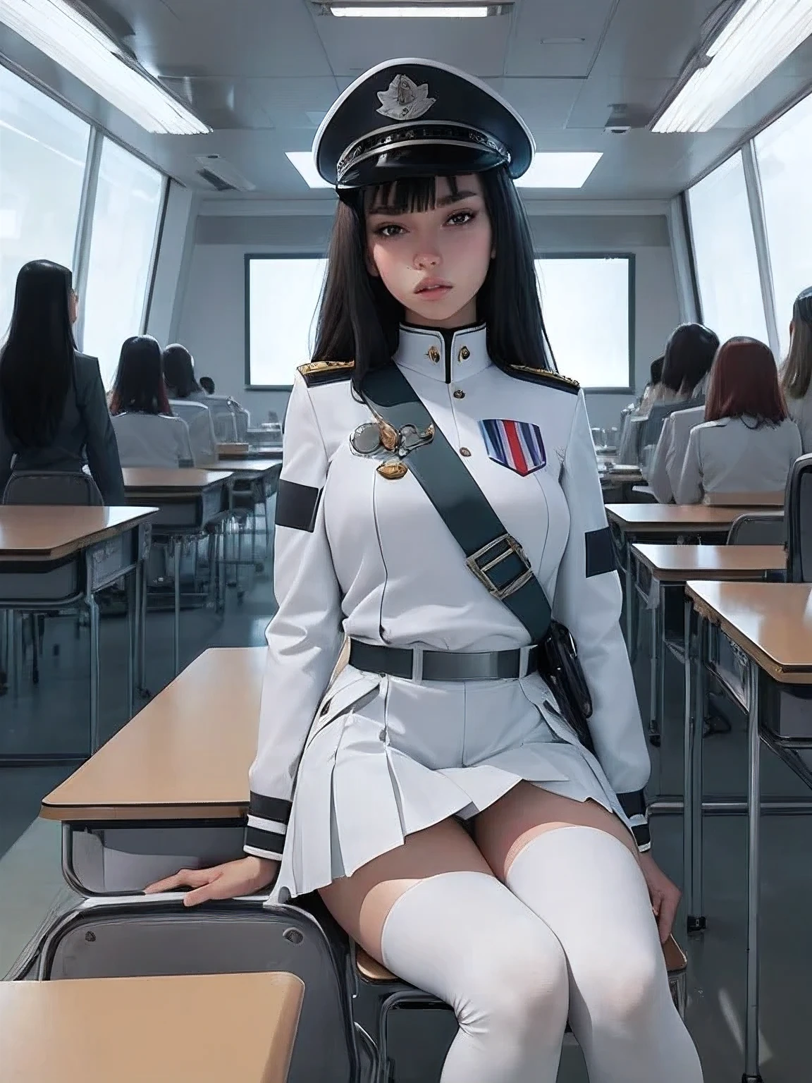 superflat, flat shading, flat colors, (masterpiece:1.2, best quality), (closeup), 2women, , slim, (white military outfit), pleated skirt, military hat, space cadet, sitting by desk, in classroom, put head on hand, bored,  classmates in background, (spaceship interiors), futuristic, cosmos, watercolor
