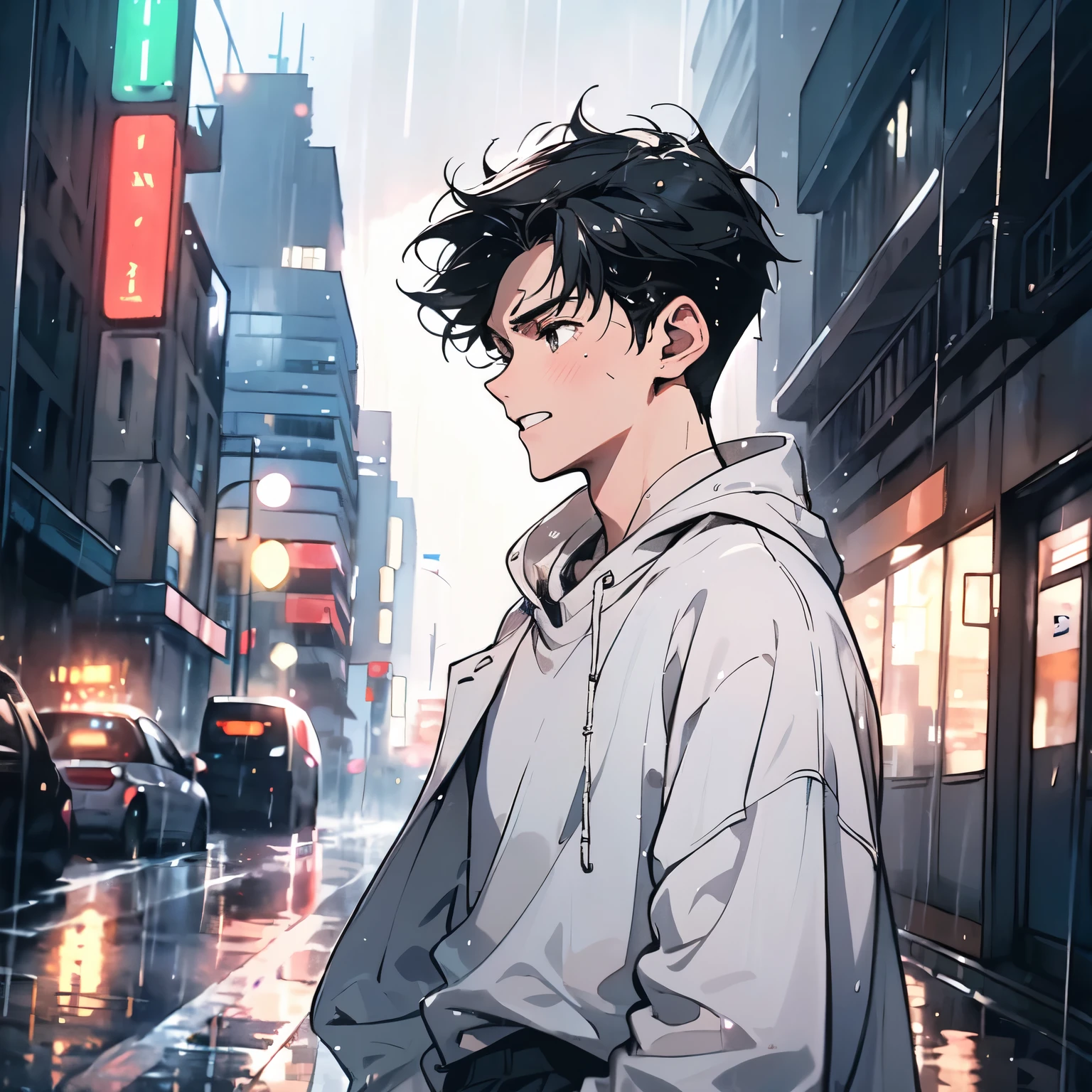A black hair，18-year-old man in white sweater，Standing on a rainy city street，Look up at the sky at a 45-degree angle，Sad expression，Laugh and cry，sweat（Upper body display：1.5）（cinematic lighting：1.5）)(ultra-high detail:1.5)(best quality:1.5)