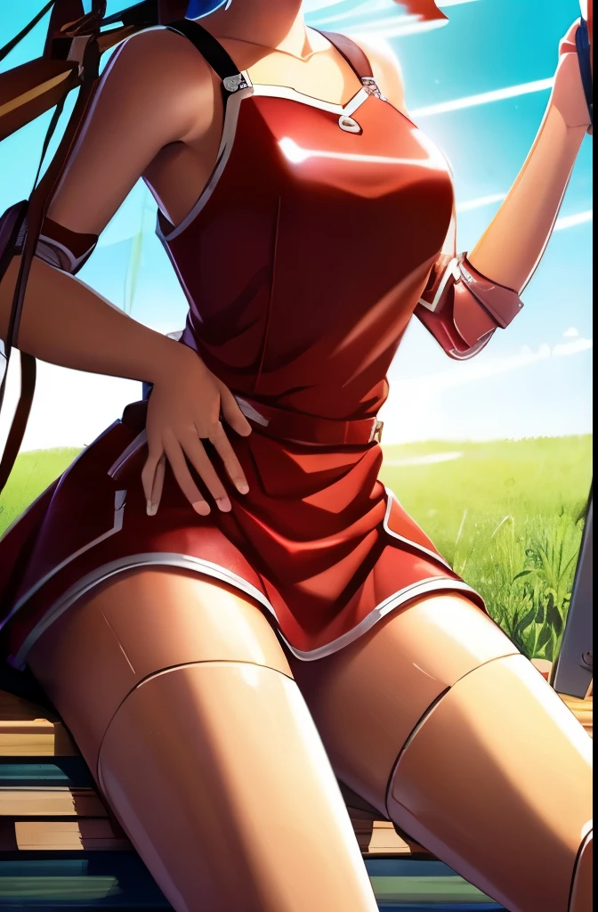 A Female robot is sleeping in the book, spread legs, nude, banzai pose. she wears no dress. She Brown short hair is tied with two big red clothespins, She lifts up the under hem of her white plain dress, leaning over, masterpiece, very short pigtails,brown hair, mature, android, blue eyes, full body figure, Height: 160cm, flushed cheeks, 2020s anime picture, A beautiful robot with short brown hair in two short pigtails held up by two very large huge red clothespins, Uplifting, No NSFW, whole body, barefoot, archaic smile, getting orgasm, 25 years old, sweat bucket.