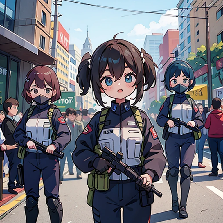 Girls dressed as riot police