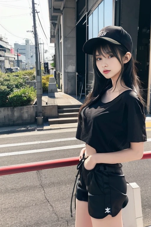 Japanese women、young woman、cute、Beauty、Straight face、Climbing the stairs at the station、Back view、Half Body、Look back here、Looking down here、Long black hair、(Wearing a tight fitting black cap)、(Shorts、Black hot pants:1.6)、I can see your thighs、Beautiful legs、Beautiful feet、(Oversized T-shirt、Long T-shirt:1.6),Emphasizes chest line、Mid-chest、Sideboob,Sexy pose、attractive