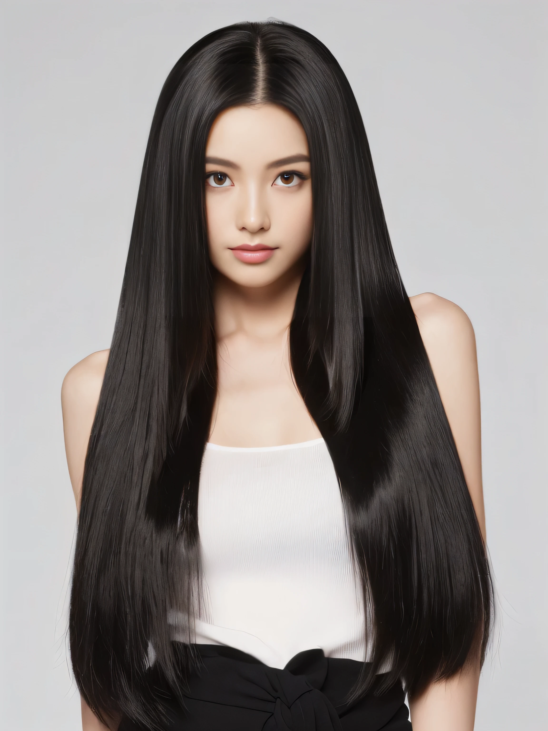 ((Random poses to show the viewer as much hair as possible:1.3))　((Beautiful 12-year-old junior high school girl with long black hair, girl with super length Hair, extremely length Hair, extra length Hair, very long, Flowing Hair, very length Hair, length Hair girl, very long, Flowing black hair, length Hair windy, Very long black hair, length, Flowing Hair, length and curly hair, with length Hair, length Hair!!!!　Stand in front of a mirror　Her highest quality hair is long and straight., very long, highest quality black hair, length hair in the center, Highest quality long straight hair, length, straight, beautiful, High quality hair, length and free black highest quality straight hair, length Hair, length and straight, highest quality black hair, Perfect silky straight hair of the highest quality, straight, highest quality black hair, length black straight hair, length, Thin black hair　Her hair is long and straight, very long black hair, length hair in the center, length straight hair, length, straight, beautiful hair of the highest quality, length Hair, length, straight black hair, length and free straight black hair, straight black hair))　(Pure white wall background:1.8. Photo of upper body from waist up)　(Japan&#39;s cutest 12-year-old hair model)　(She looks at the viewer with a very seductive expression.)　((highest quality)), ((masterpiece)), (Familiar)　(Get used to it)　Perfect Face　(Her bangs are perfect.)　(Her skin is a typical Japanese skin color.、And very detailed)　　(Big Breasts:1.3)　(She is wearing a light blue skirt and a white blouse.)　(She has a beautiful face and a slim figure..., Narrow eyes.)　(Her bangs Well Organized)　(She has perfect beautiful makeup and face　Lipstick is light red　A solid eyeliner)　((Rich 1.4))　(Extremely detailed 8K)　(Ultra-fine skin texture 1.4)　(Actual, Vibrant:1.4), double eyelid　Sharp focus:1.2、Beautiful woman:1.4　Dynamic Lighting　(Genuine RAW photos taken by professional photographers)　(Her long bangs、Well Organized)　(Turn your whole body to the viewer)　Professionally lit from the front　(She has a bright and cheerful face)